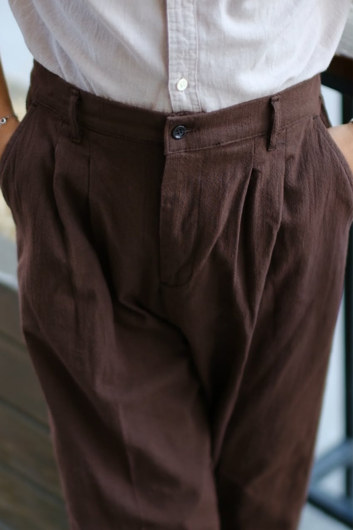 Lusso Ham Keten Pileli Baggy Pantolon Acı Kahve 