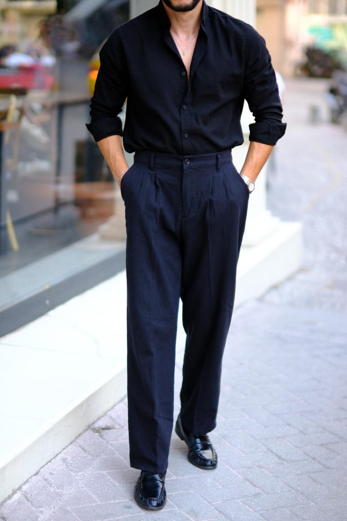 Lusso Ham Keten Pileli Baggy Pantolon Siyah