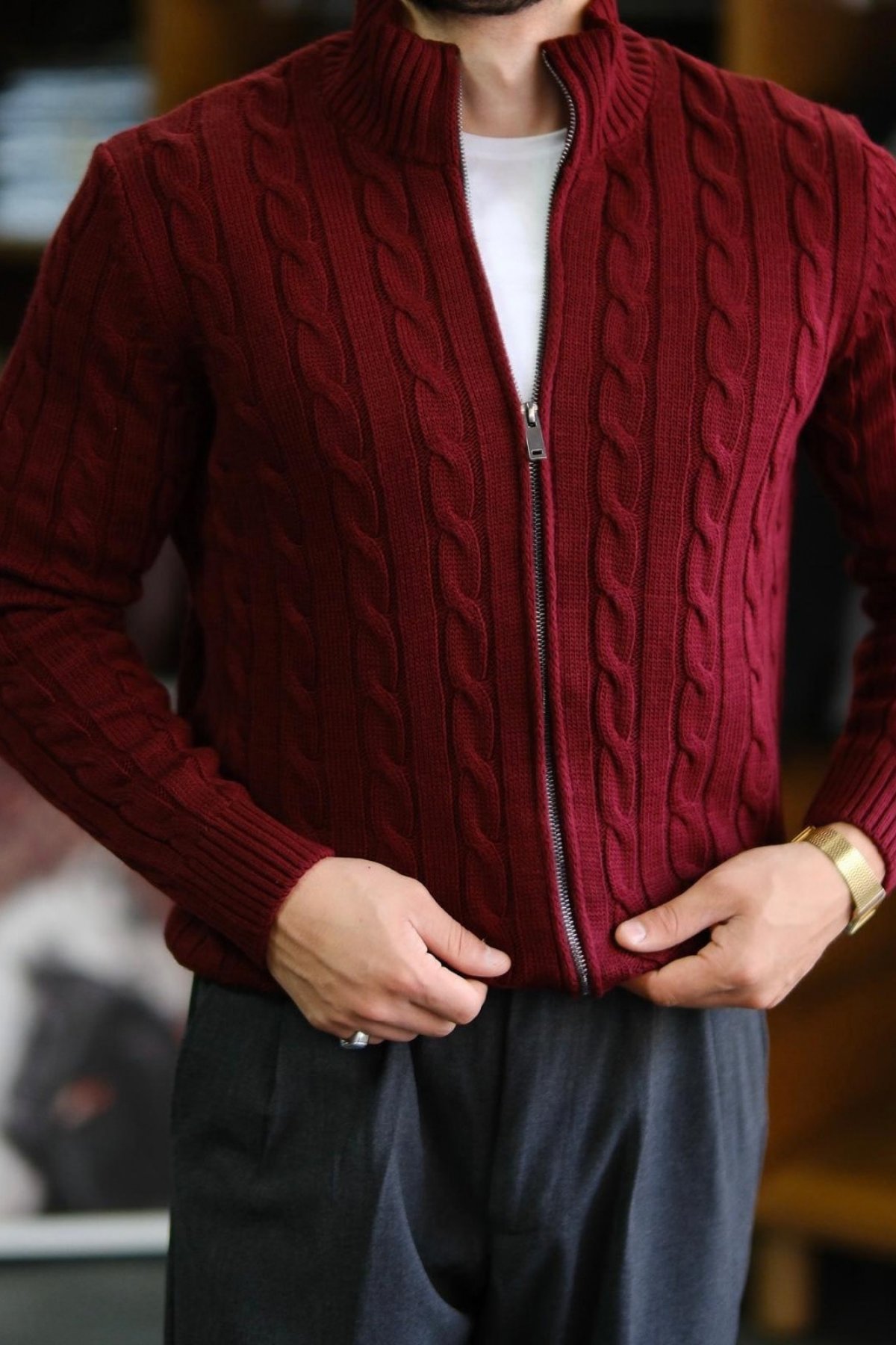Novaro Çift Fermuar Detaylı Old Money  Hırka  Bordo