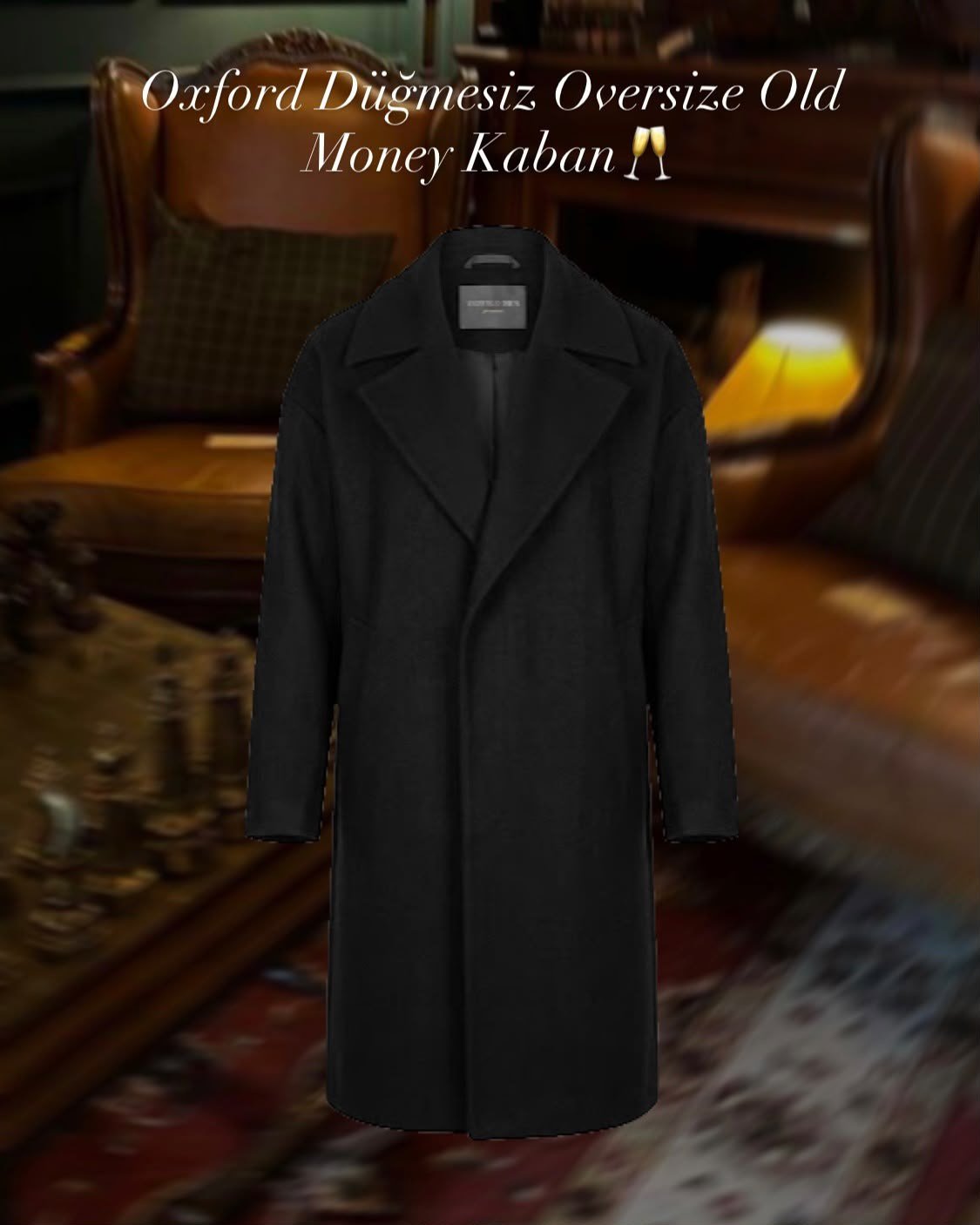 Premium Oxford Oversize Old Money Siyah Kaşe Kaban VV