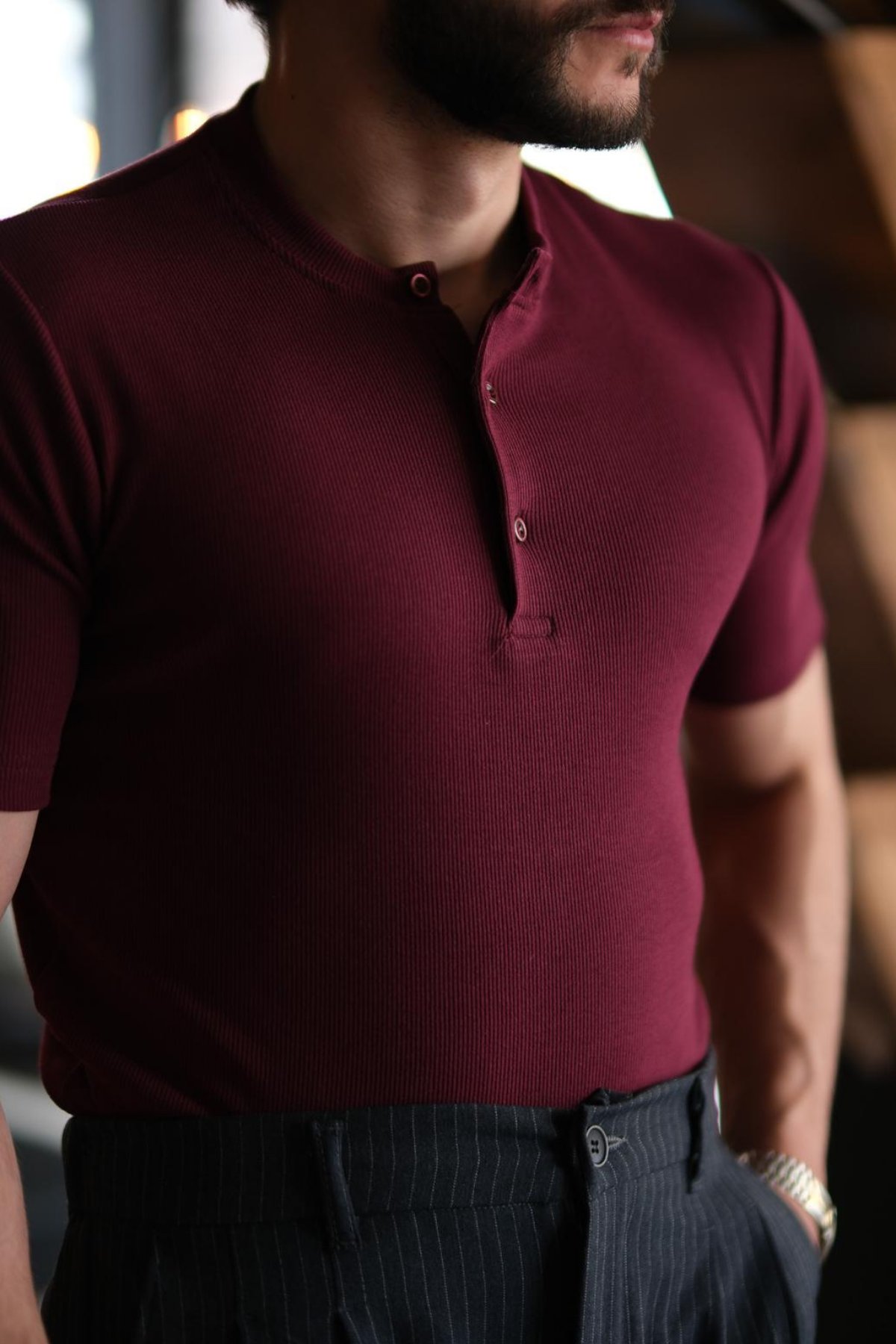 Roventi Henley Yaka Pamuklu Old Money T-shirt Bordo