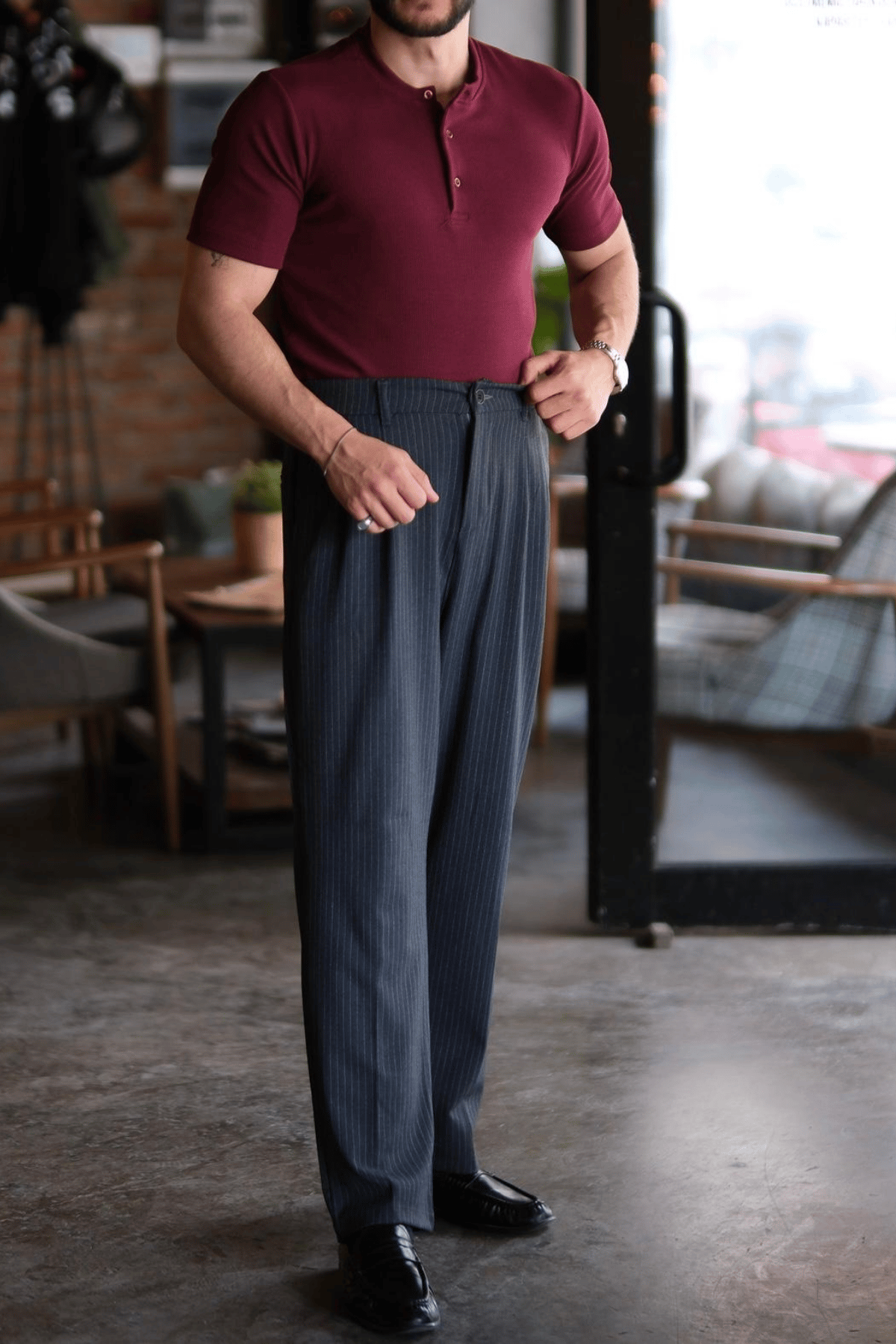 Roventi Henley Yaka Pamuklu Old Money T-shirt Bordo