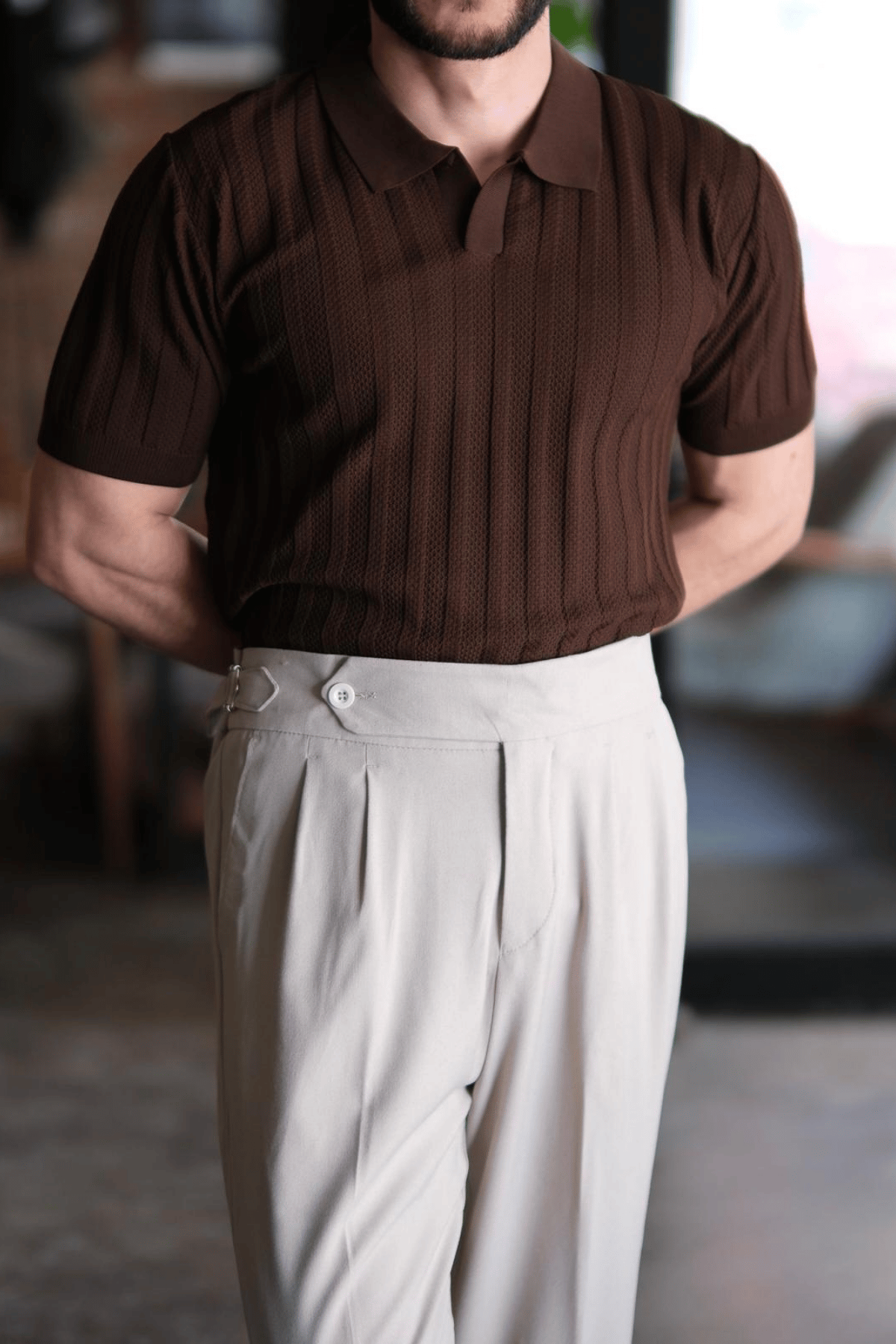 Rupert Kendinden Şeritli Old Money Polo Yaka T-shirt Acı Kahve 