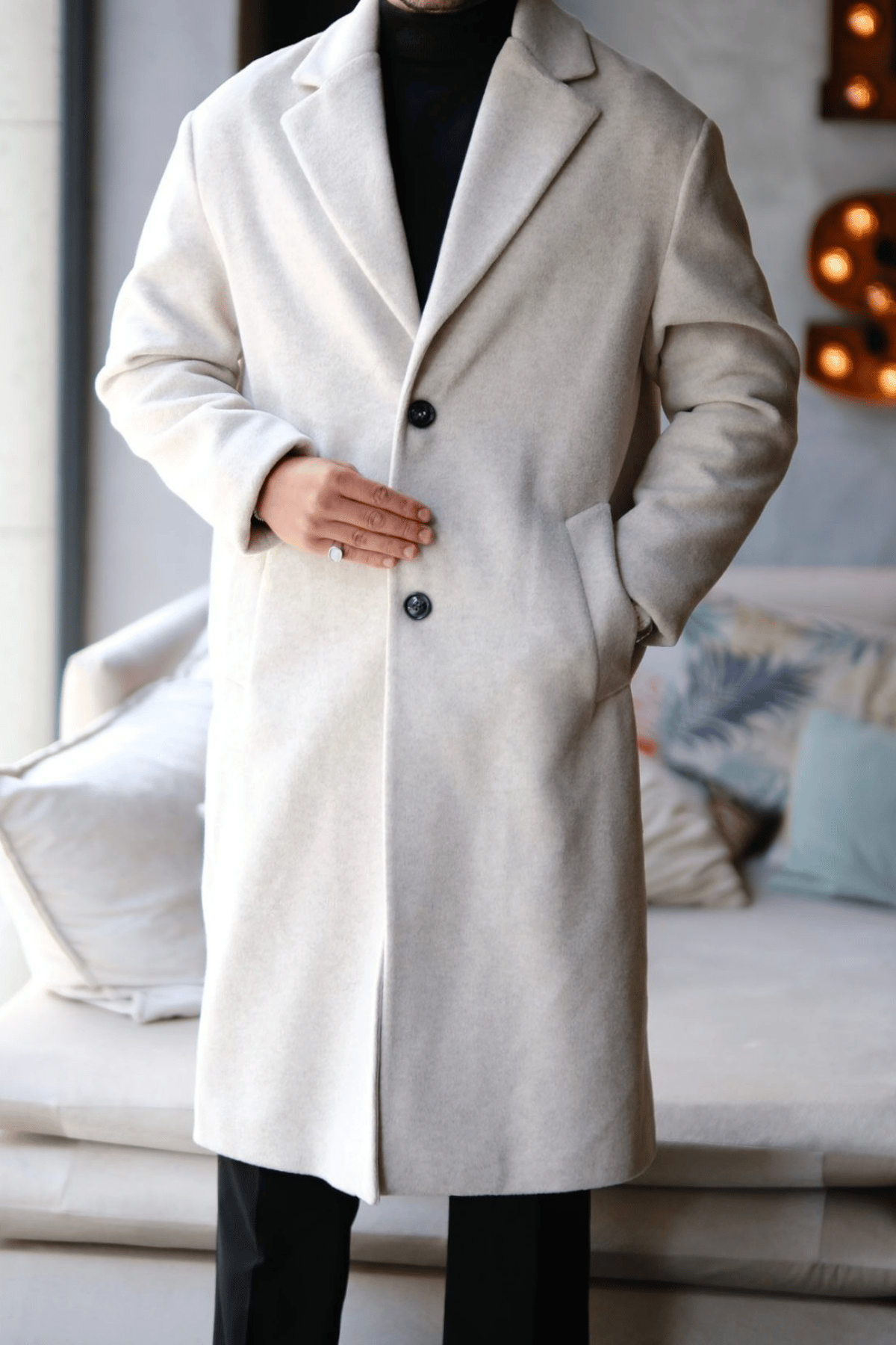 Vellano Kaşmir &Yün Karışımlı Oversize Old Money Kaban Krem 