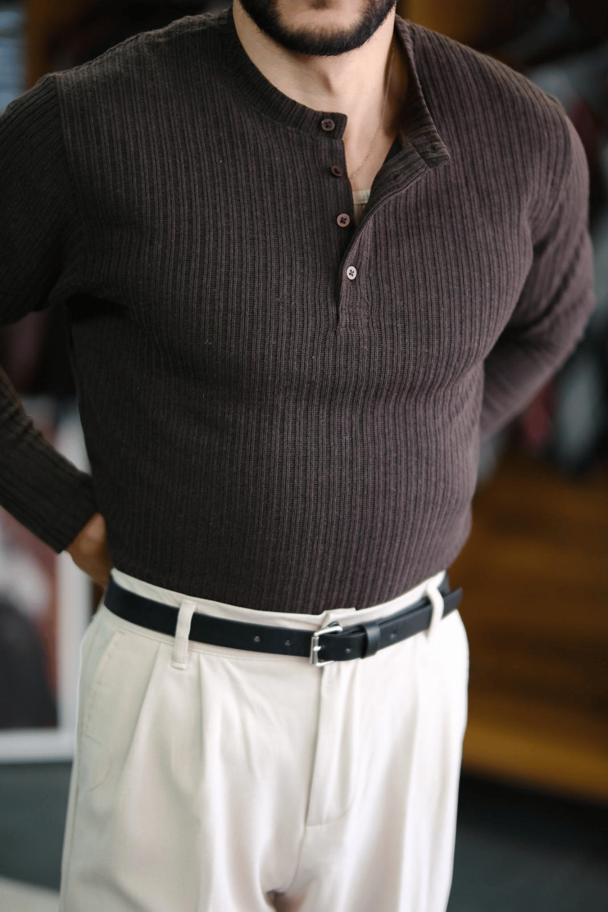 Venezia Henley Old Money Pamuklu Triko Koyu Kahve VV