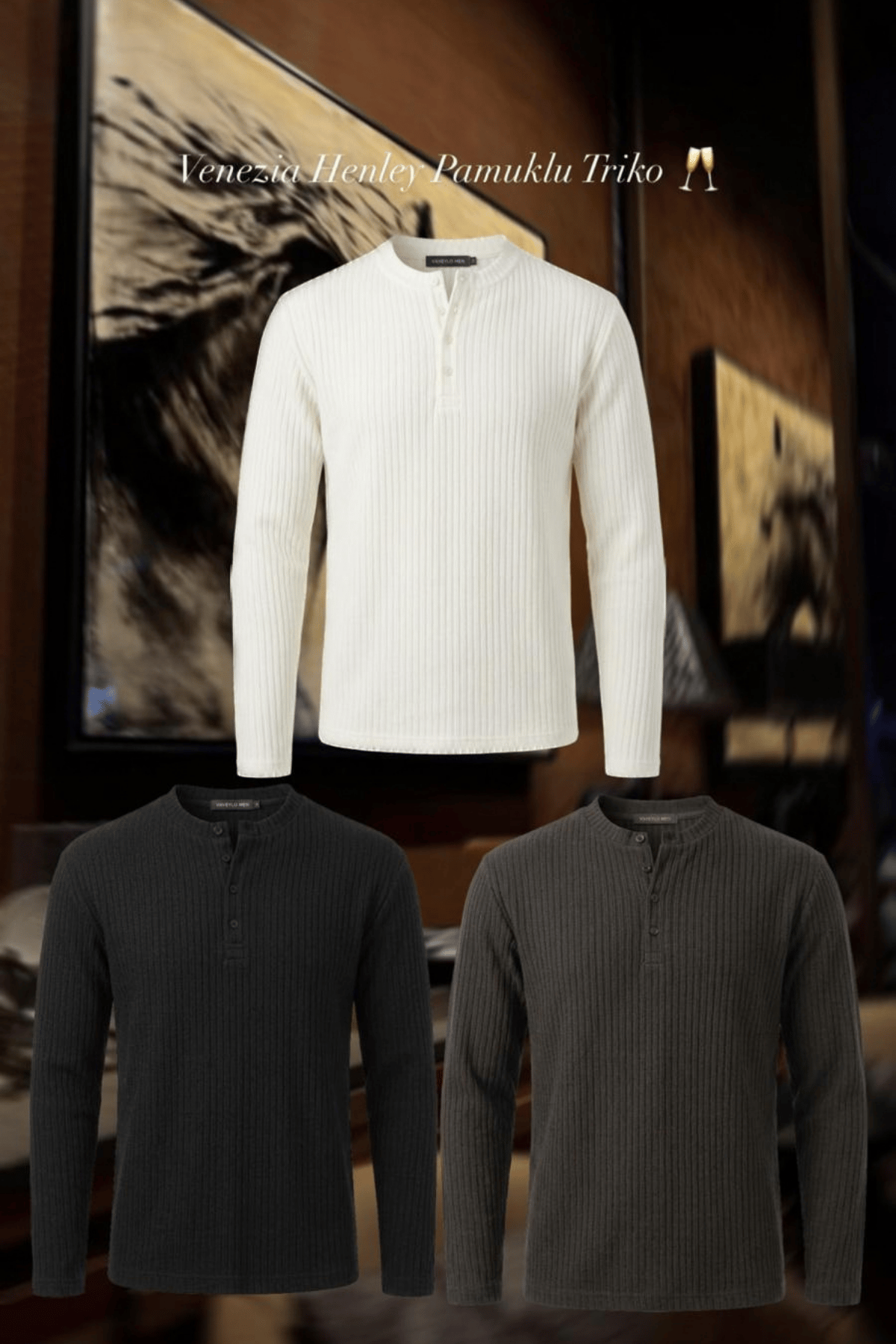 Venezia Henley Old Money Pamuklu Triko Siyah
