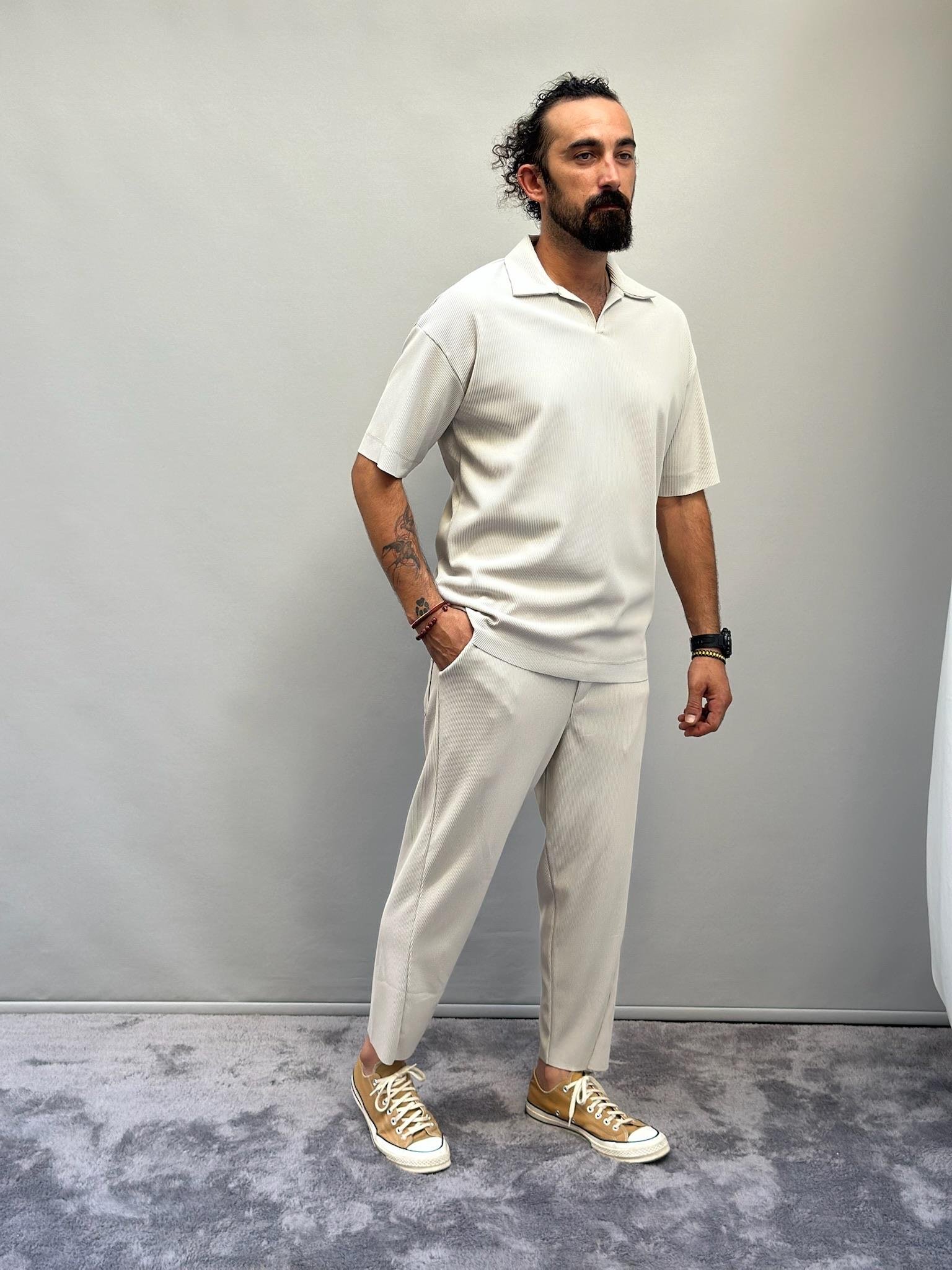 Fitilli Kumaş Polo Yaka Takım Taş