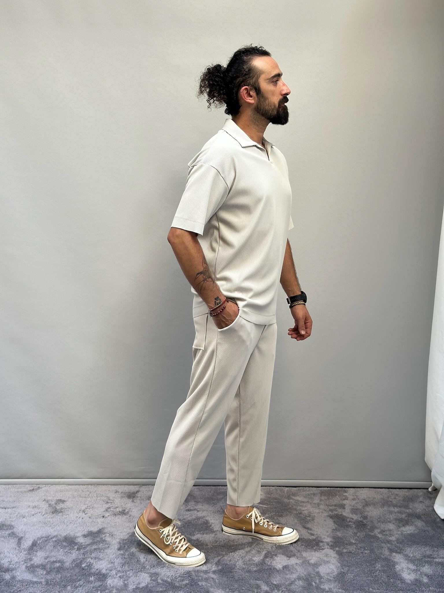 Fitilli Kumaş Polo Yaka Takım Taş