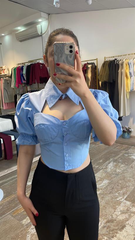 Balon Kol Kalp Yaka Crop Gömlek