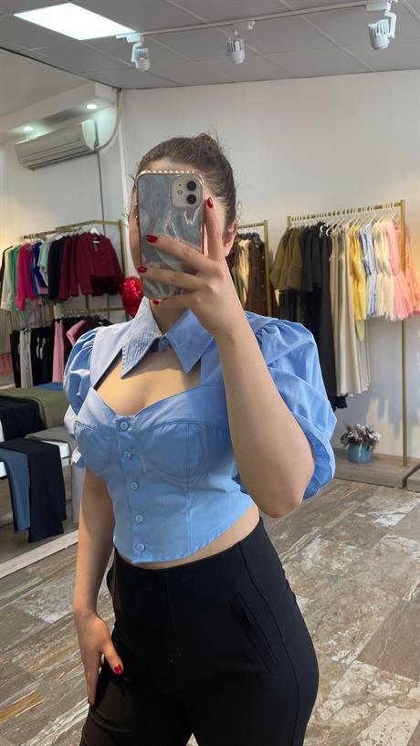 Balon Kol Kalp Yaka Crop Gömlek