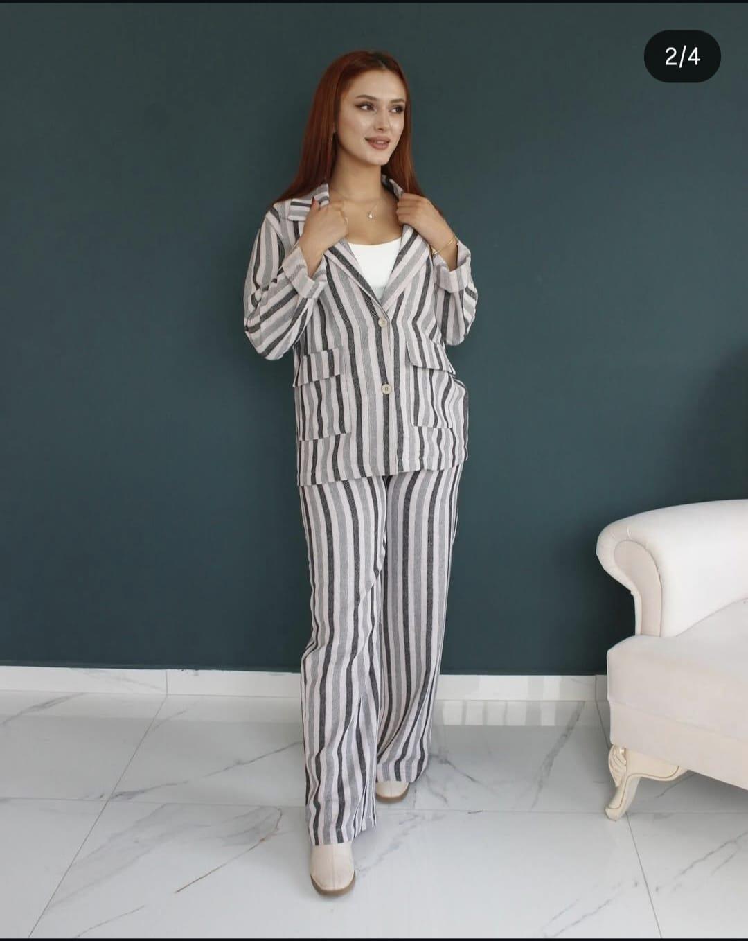 Keten Çizgili Blazer Pantolon Takım