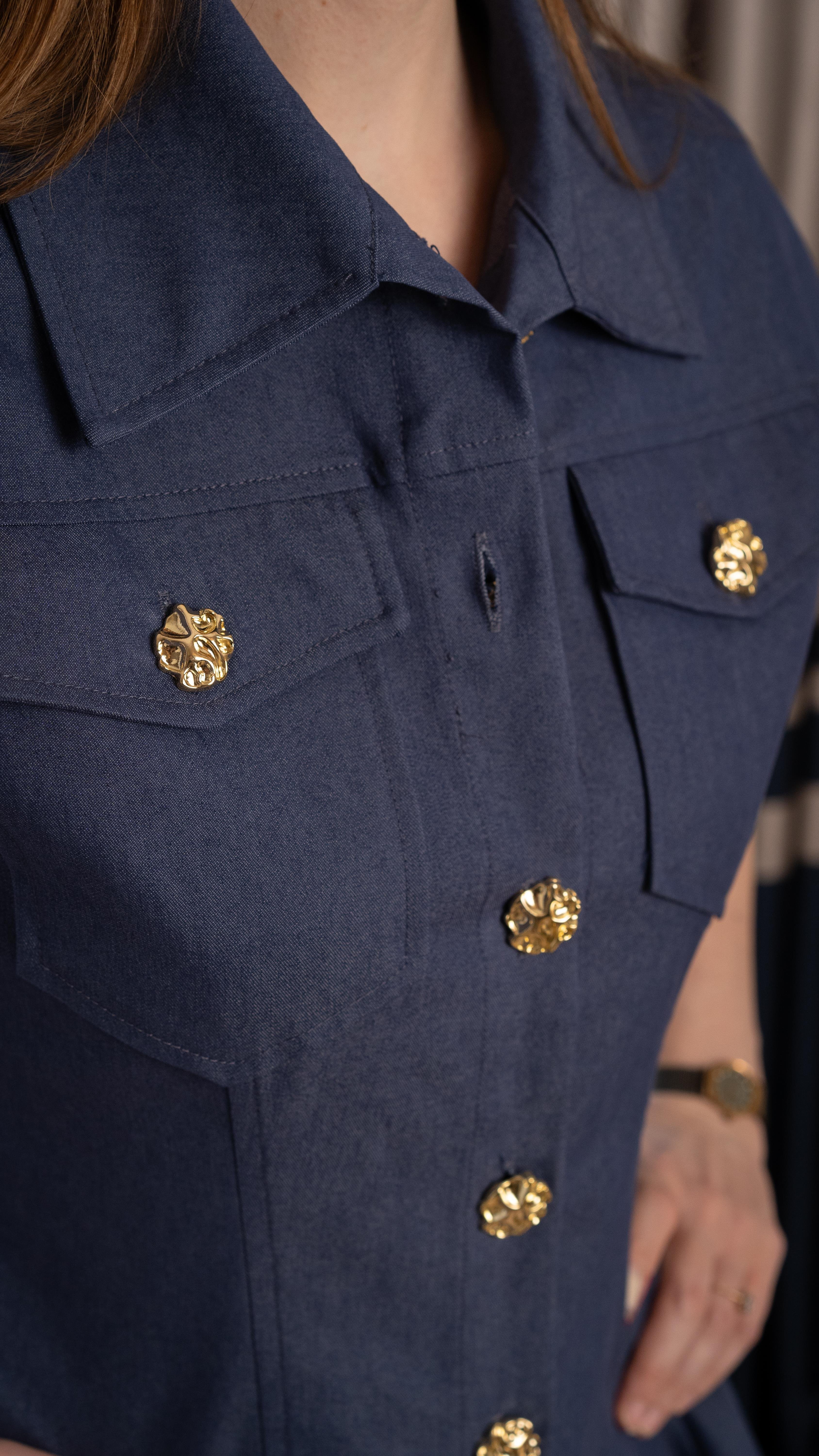 Gold Düğmeli Mini Denim elbise