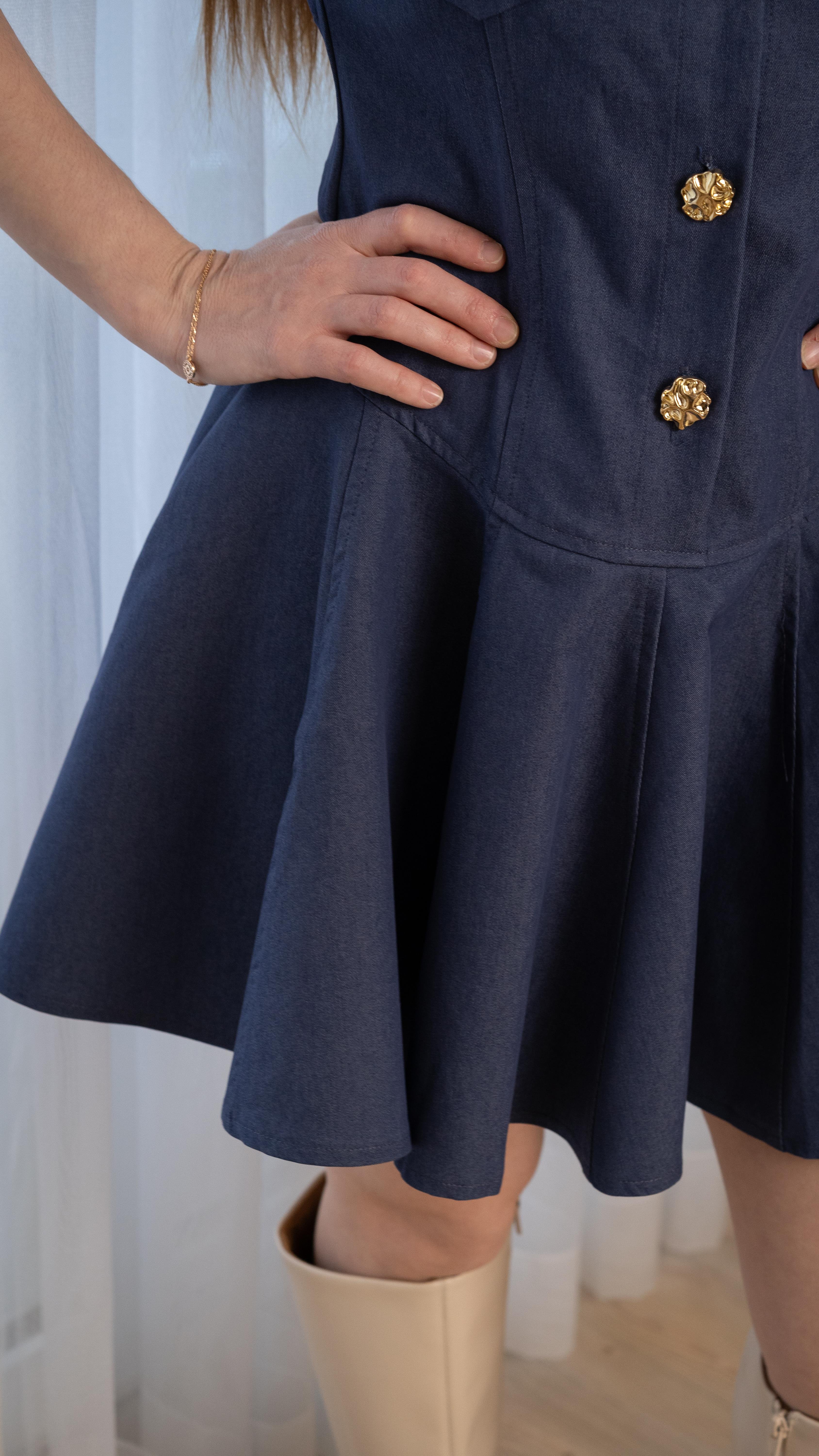 Gold Düğmeli Mini Denim elbise