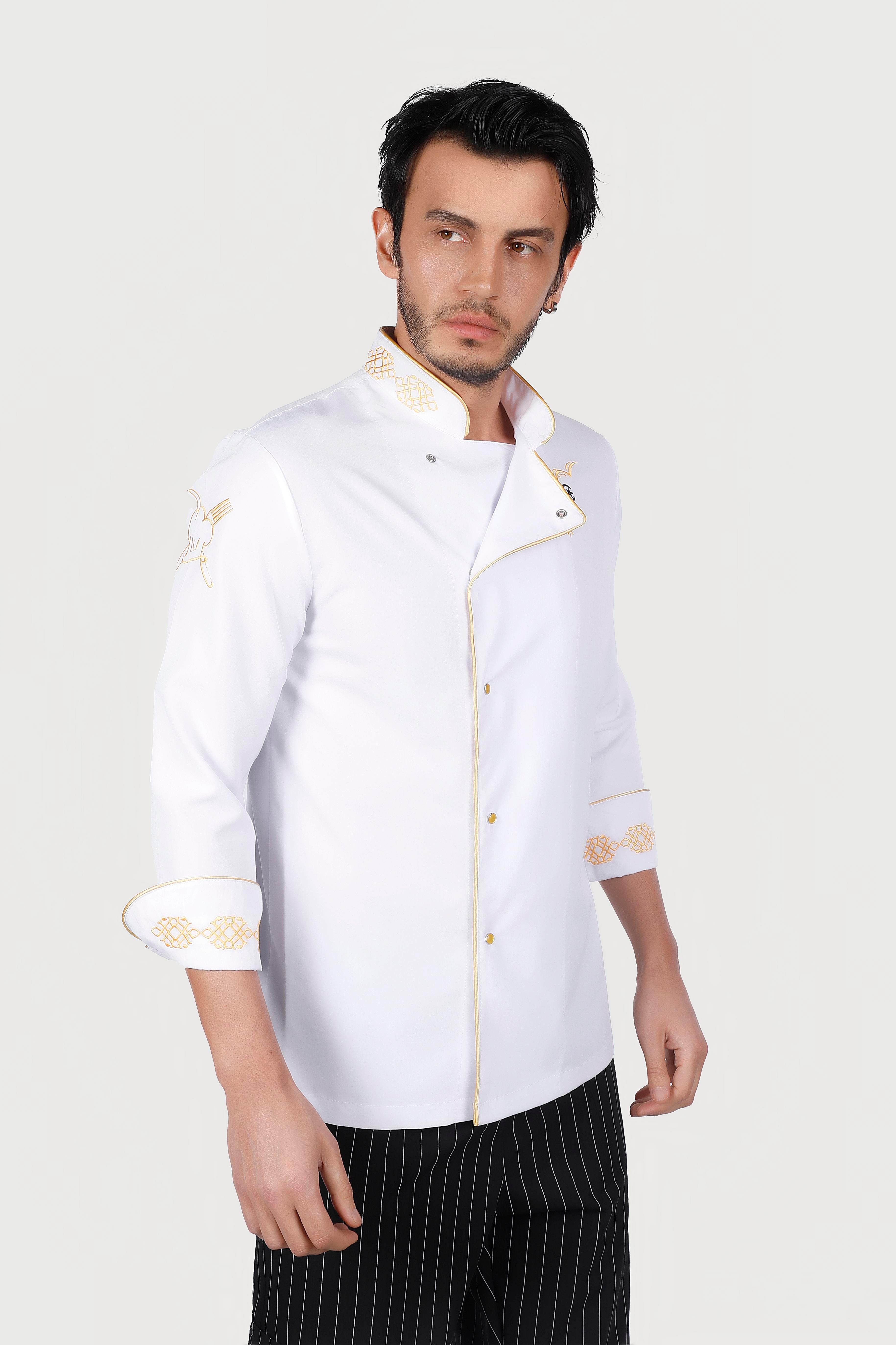 Beyaz Gold Biyeli Sarı Keçiboynuz Desenli Chef Ceket