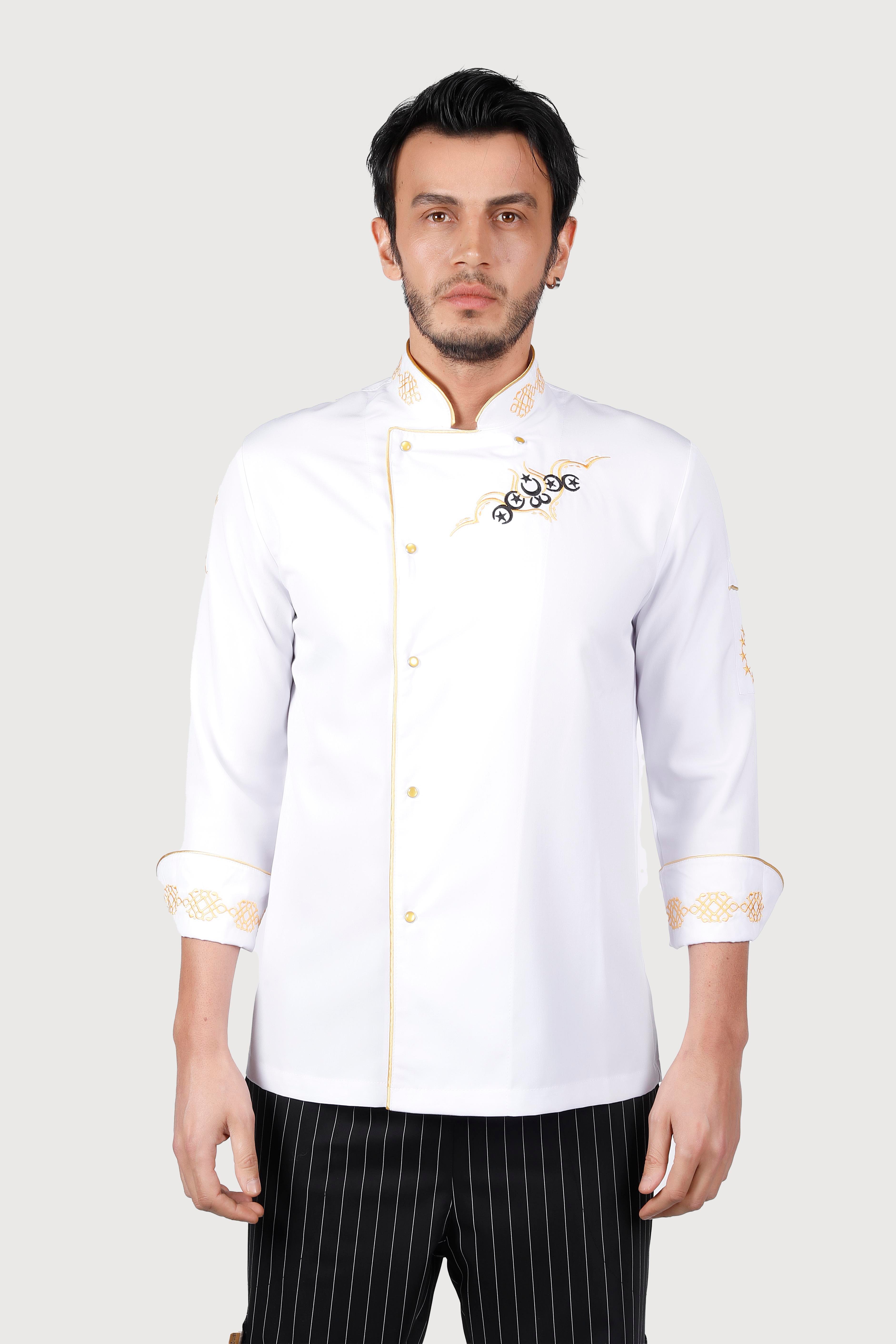 Beyaz Gold Biyeli Sarı Keçiboynuz Desenli Chef Ceket