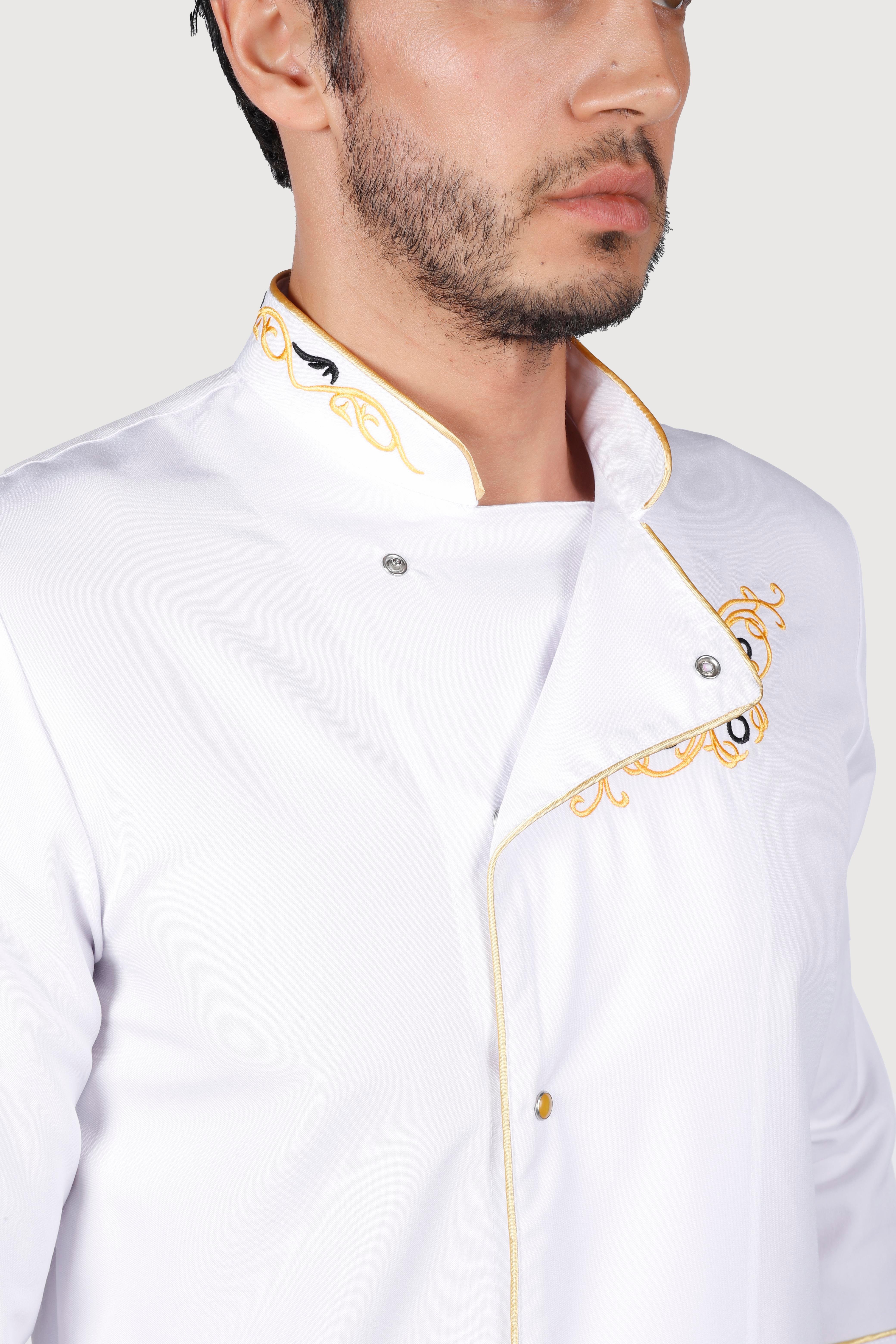 Beyaz Gold Biyeli Sarı Motifli Chef Ceket