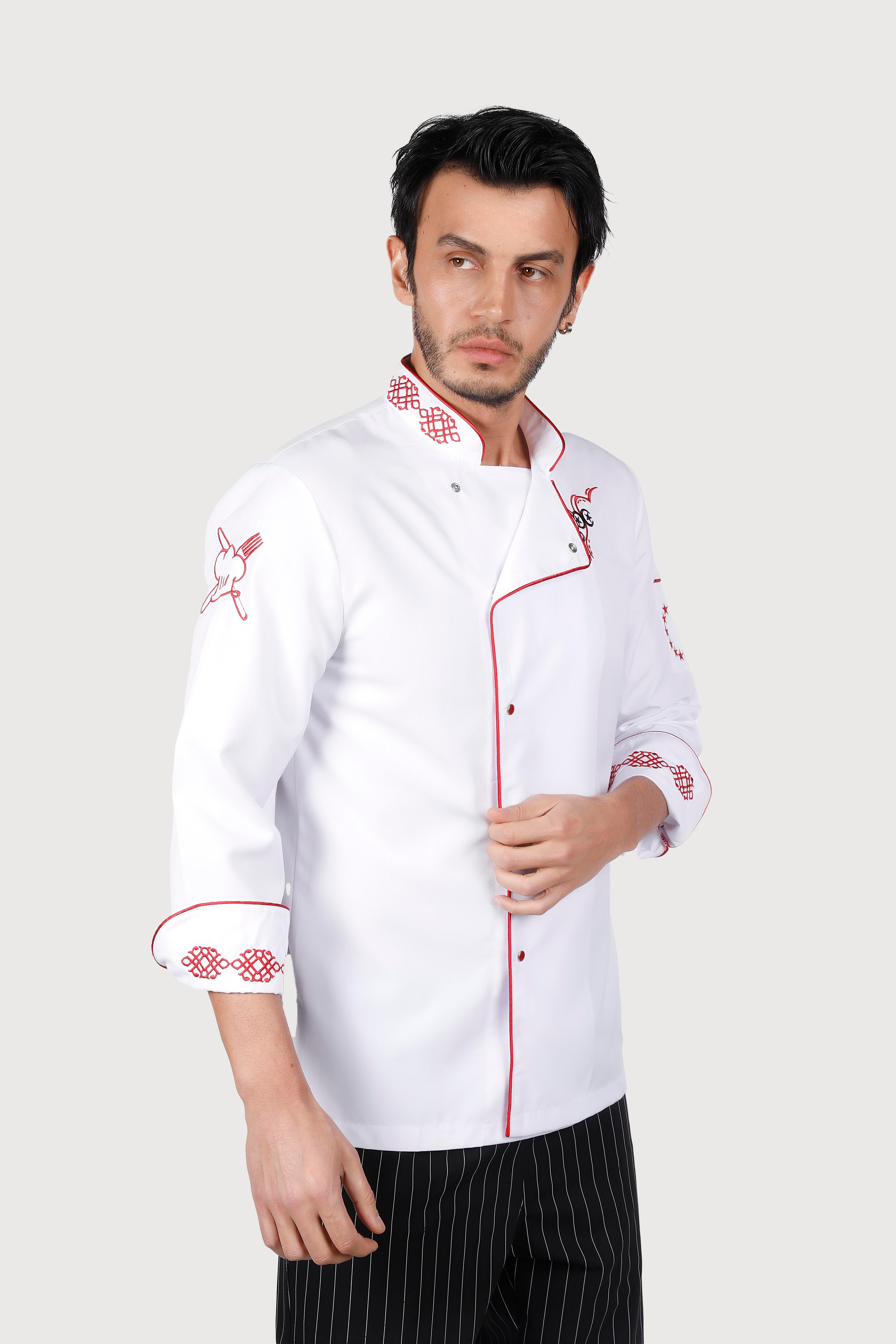 Beyaz Kırmız Biyeli Kırmızı Keçiboynuz Desenli Chef Ceket