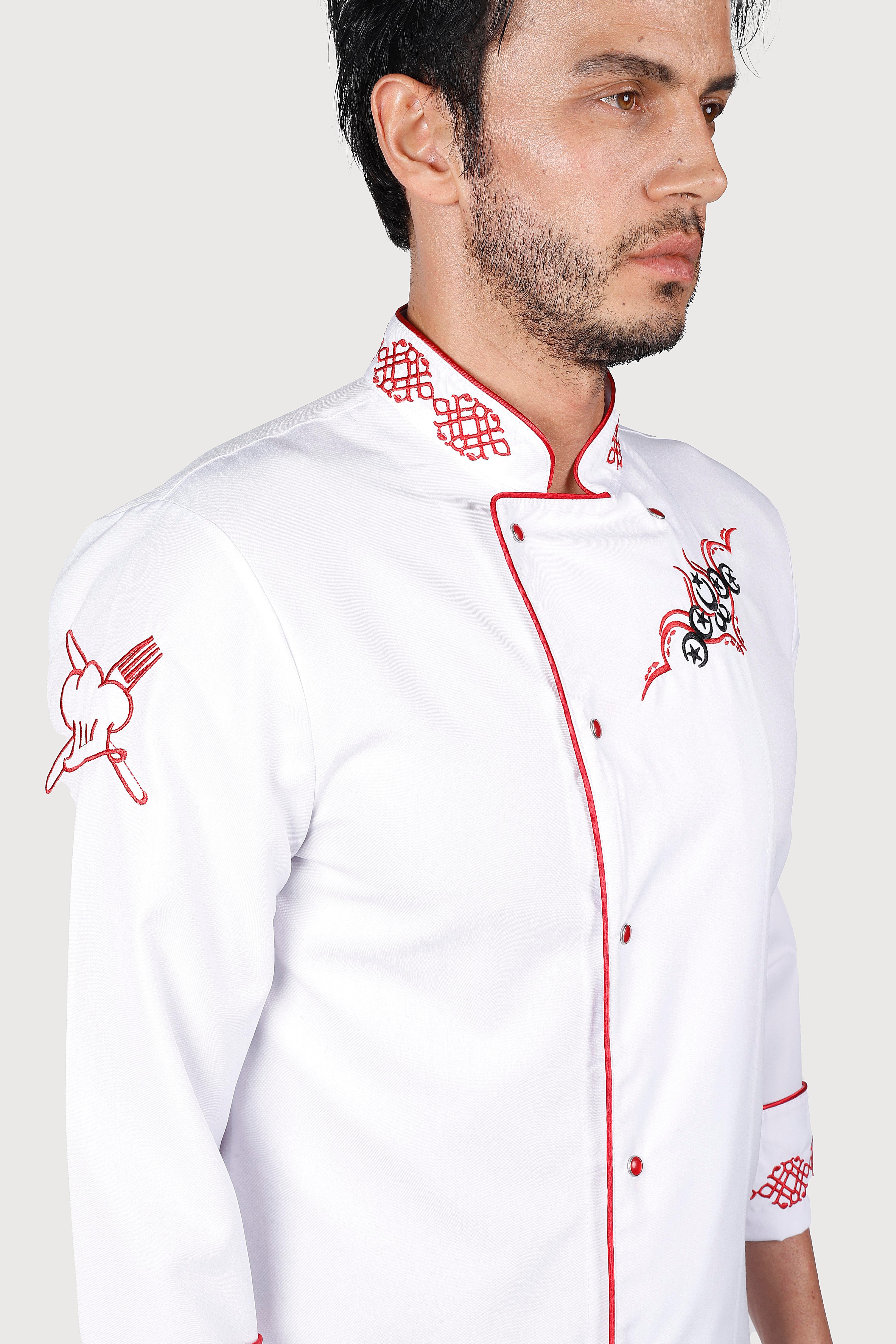 Beyaz Kırmız Biyeli Kırmızı Keçiboynuz Desenli Chef Ceket