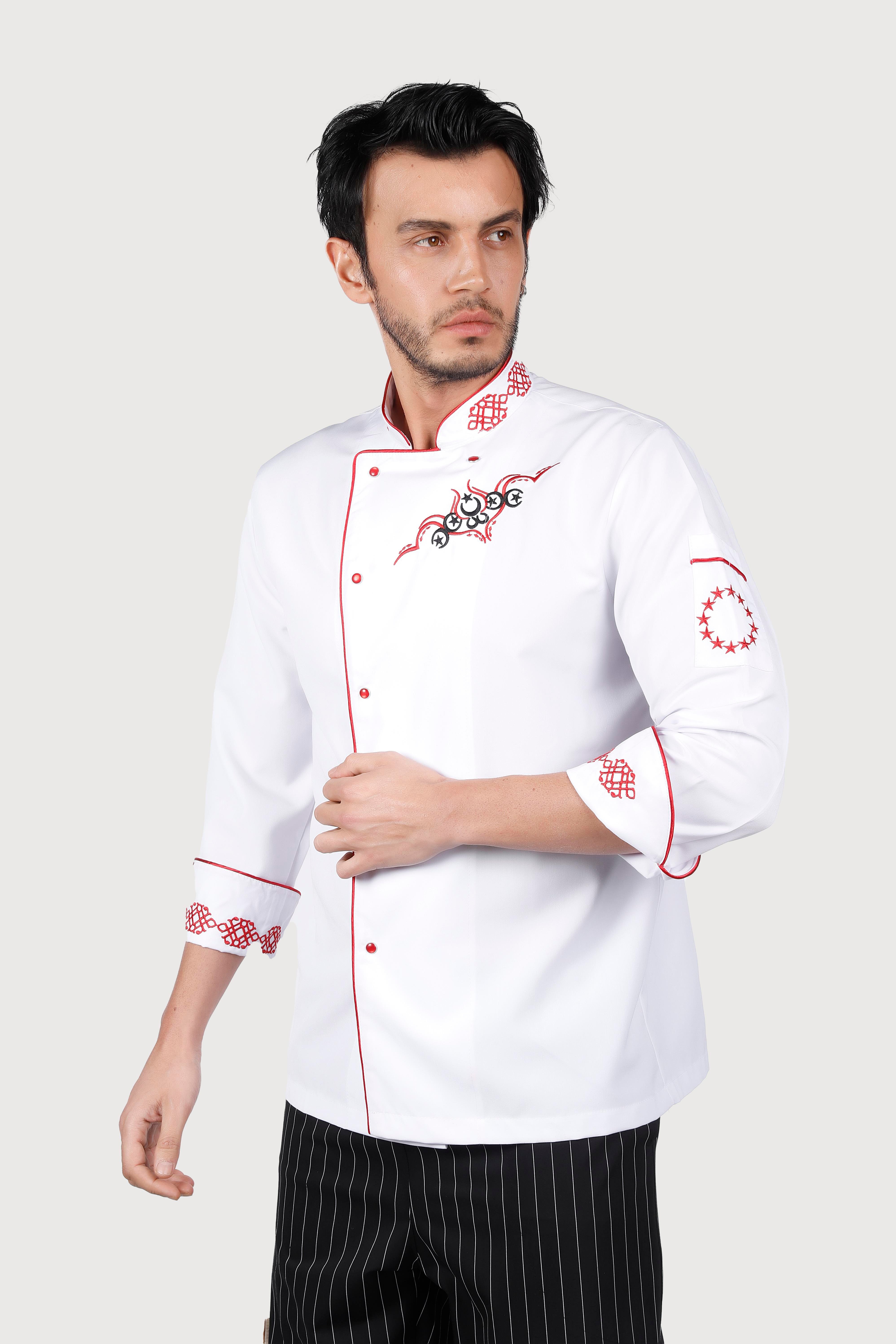 Beyaz Kırmız Biyeli Kırmızı Keçiboynuz Desenli Chef Ceket