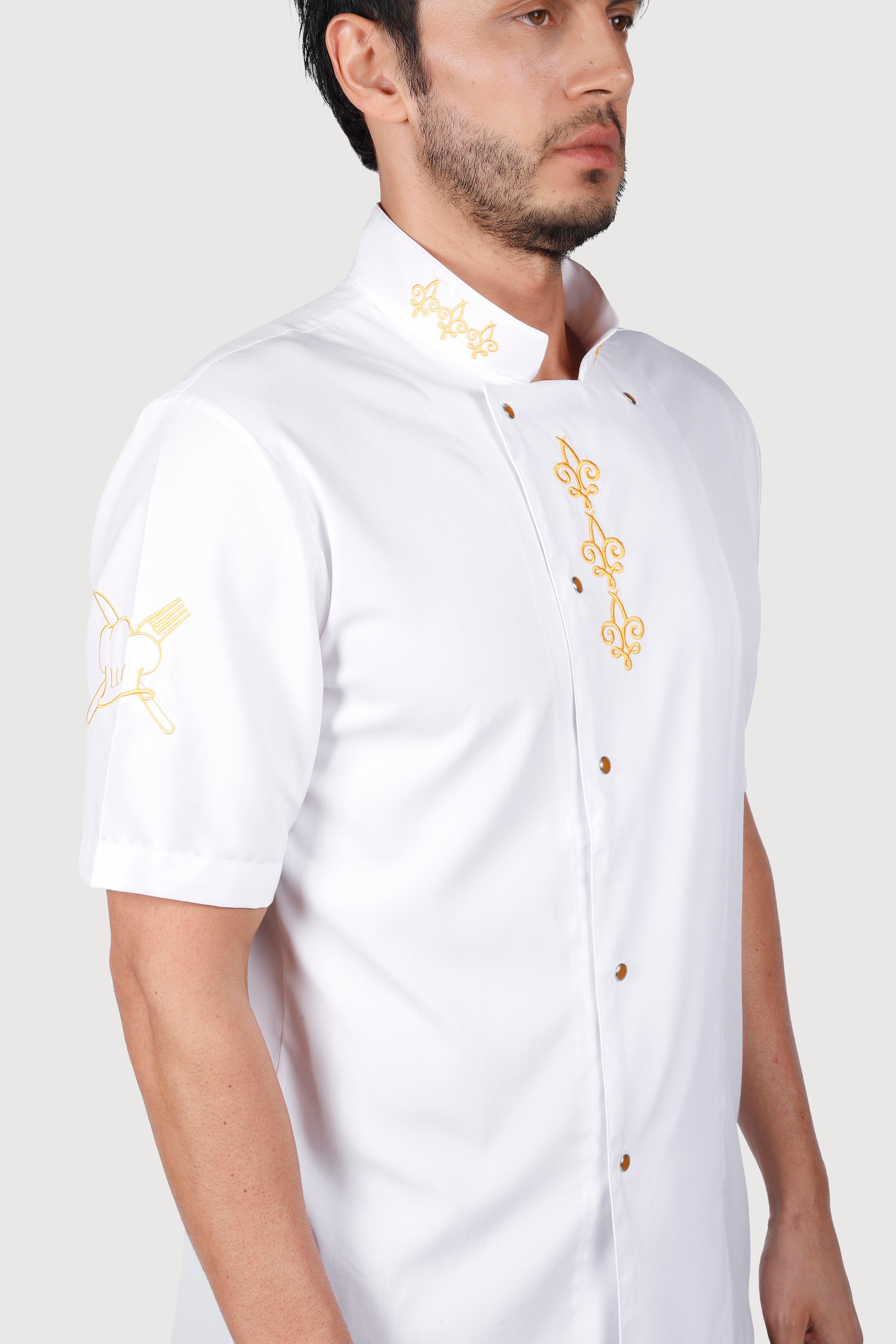 Beyaz Sarı Okdesen Kısakol Likralı Chef Ceket