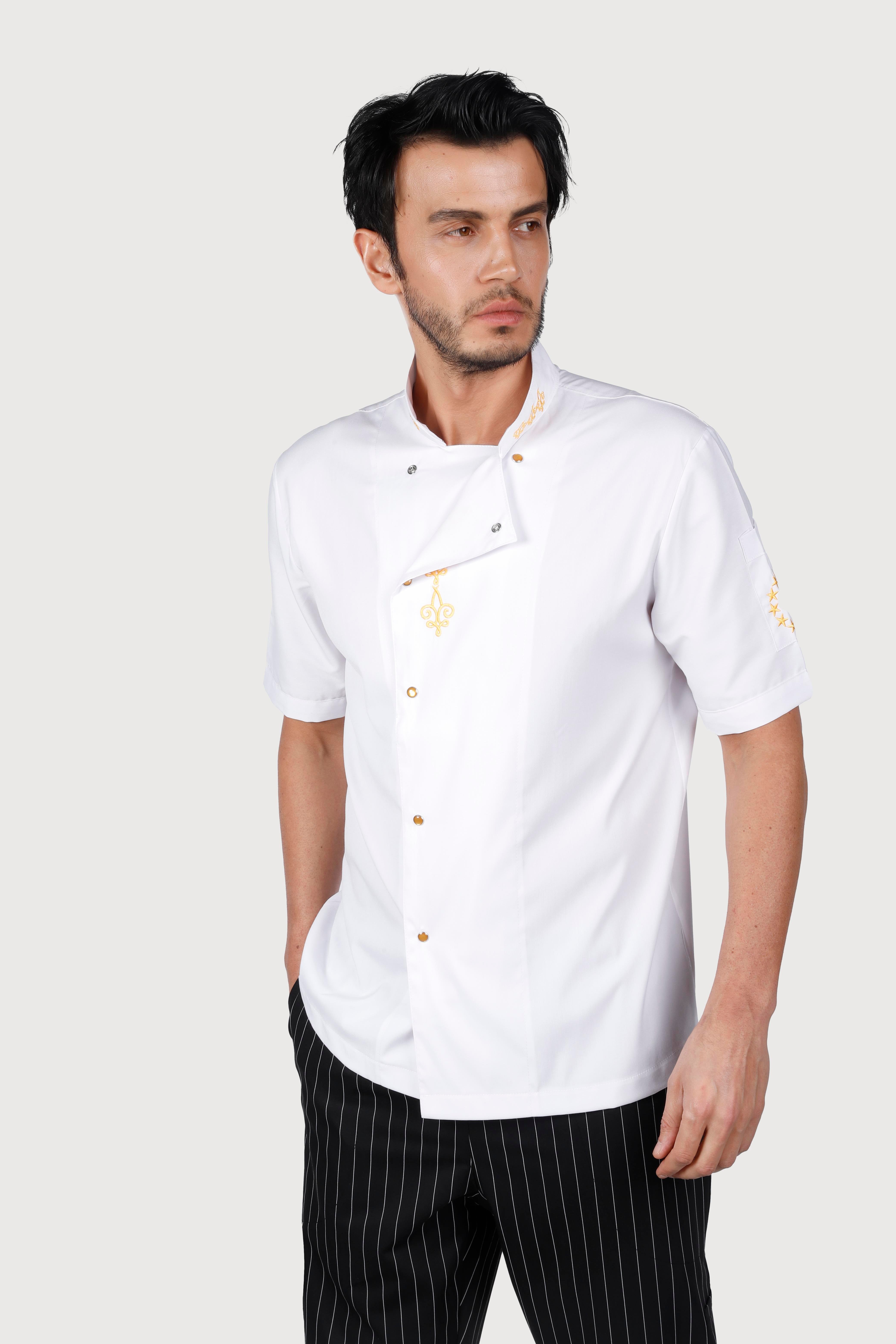 Beyaz Sarı Okdesen Kısakol Likralı Chef Ceket