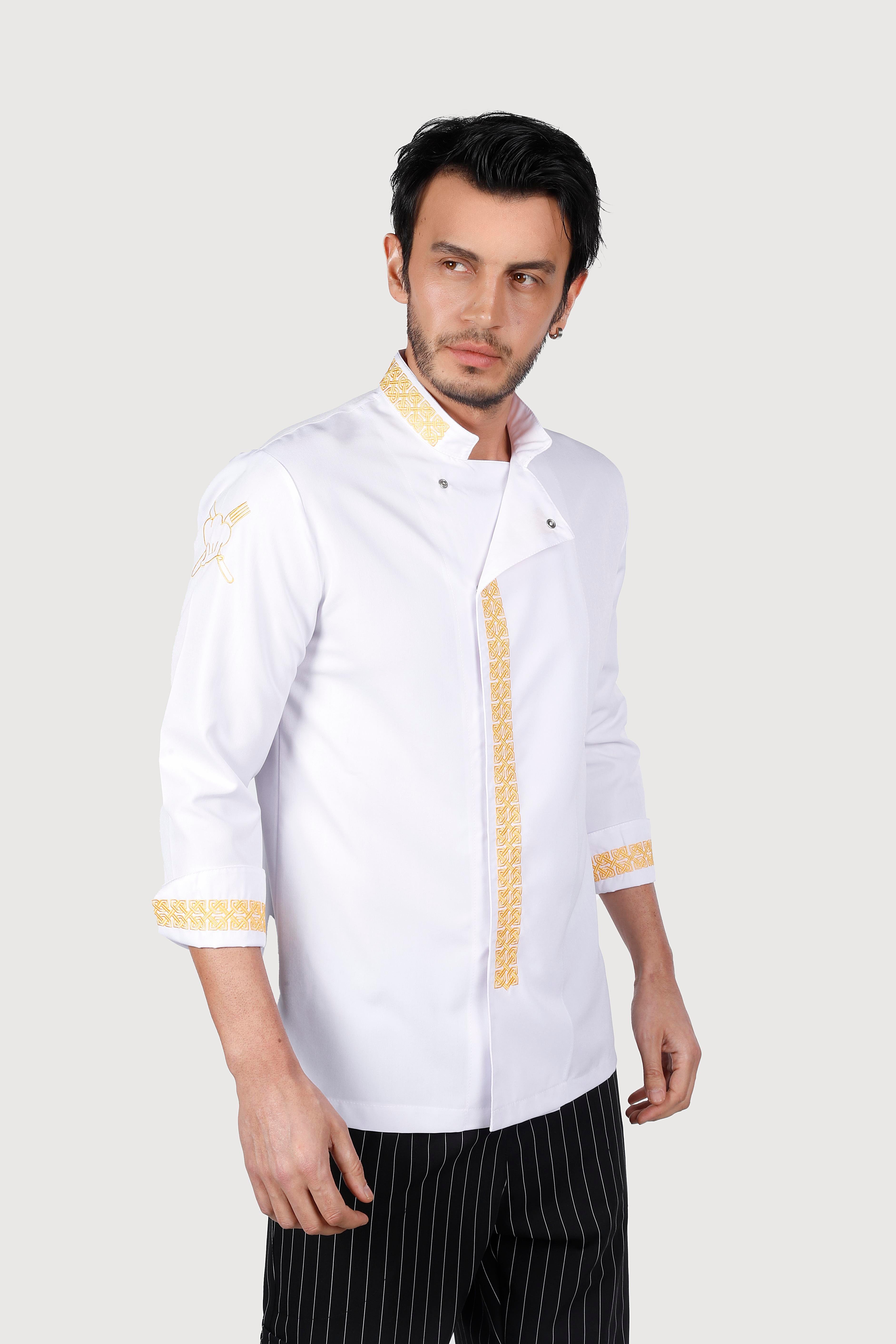 Hasır Desen Beyaz Gold Nakışlı Chef Ceket