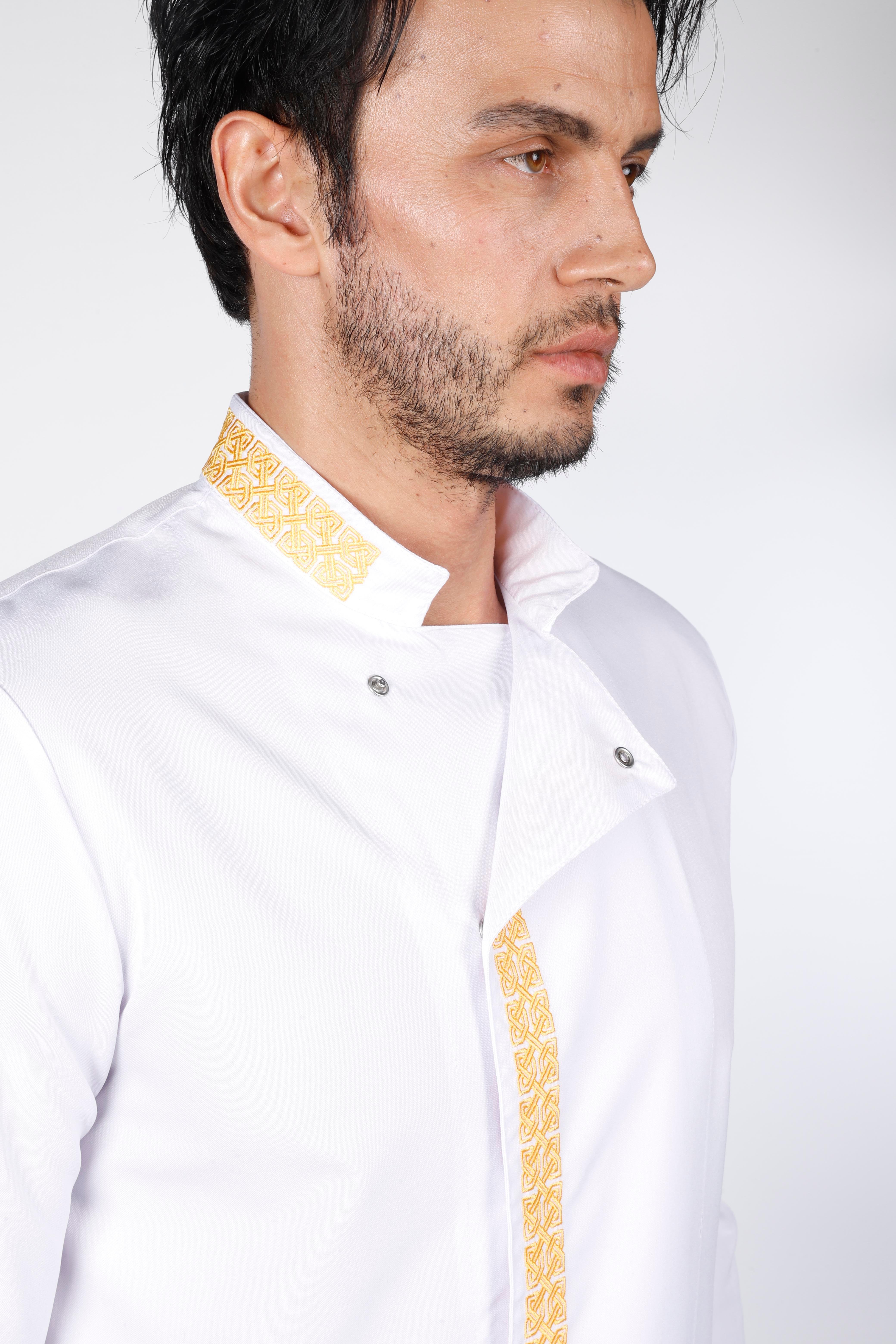 Hasır Desen Beyaz Gold Nakışlı Chef Ceket