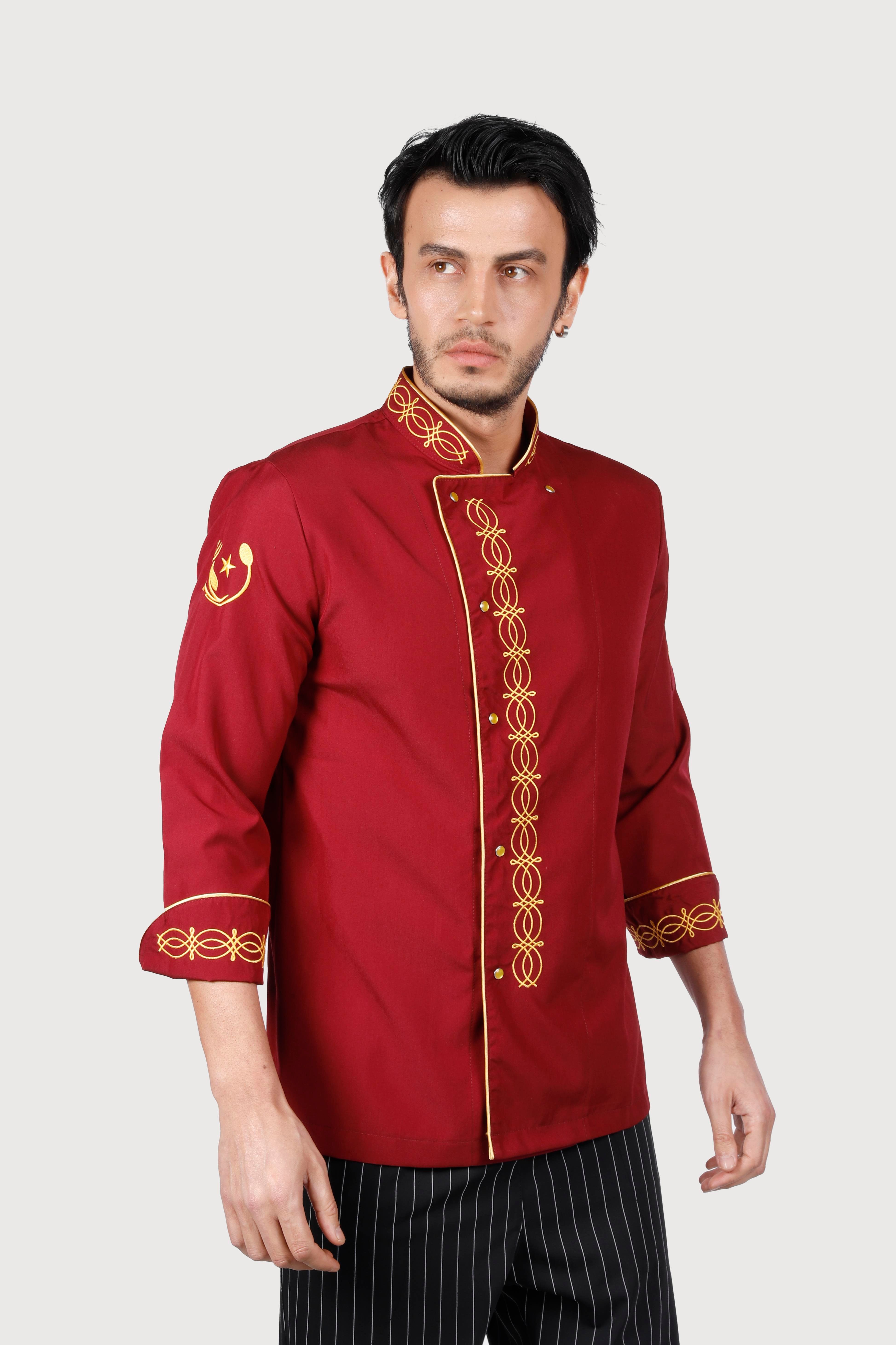 Hasır Desen  Bordo Gold Nakışlı Chef Ceket