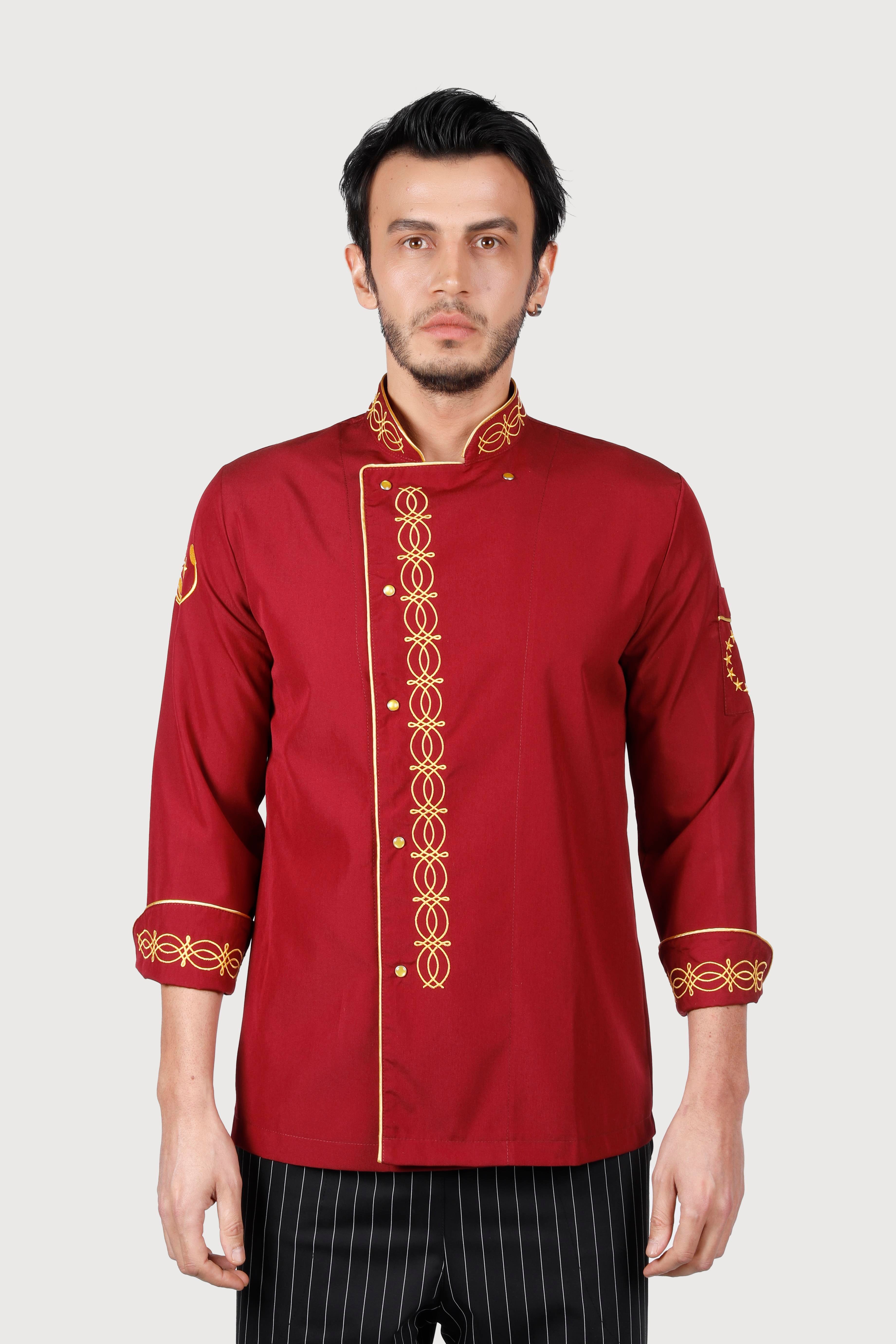 Hasır Desen  Bordo Gold Nakışlı Chef Ceket