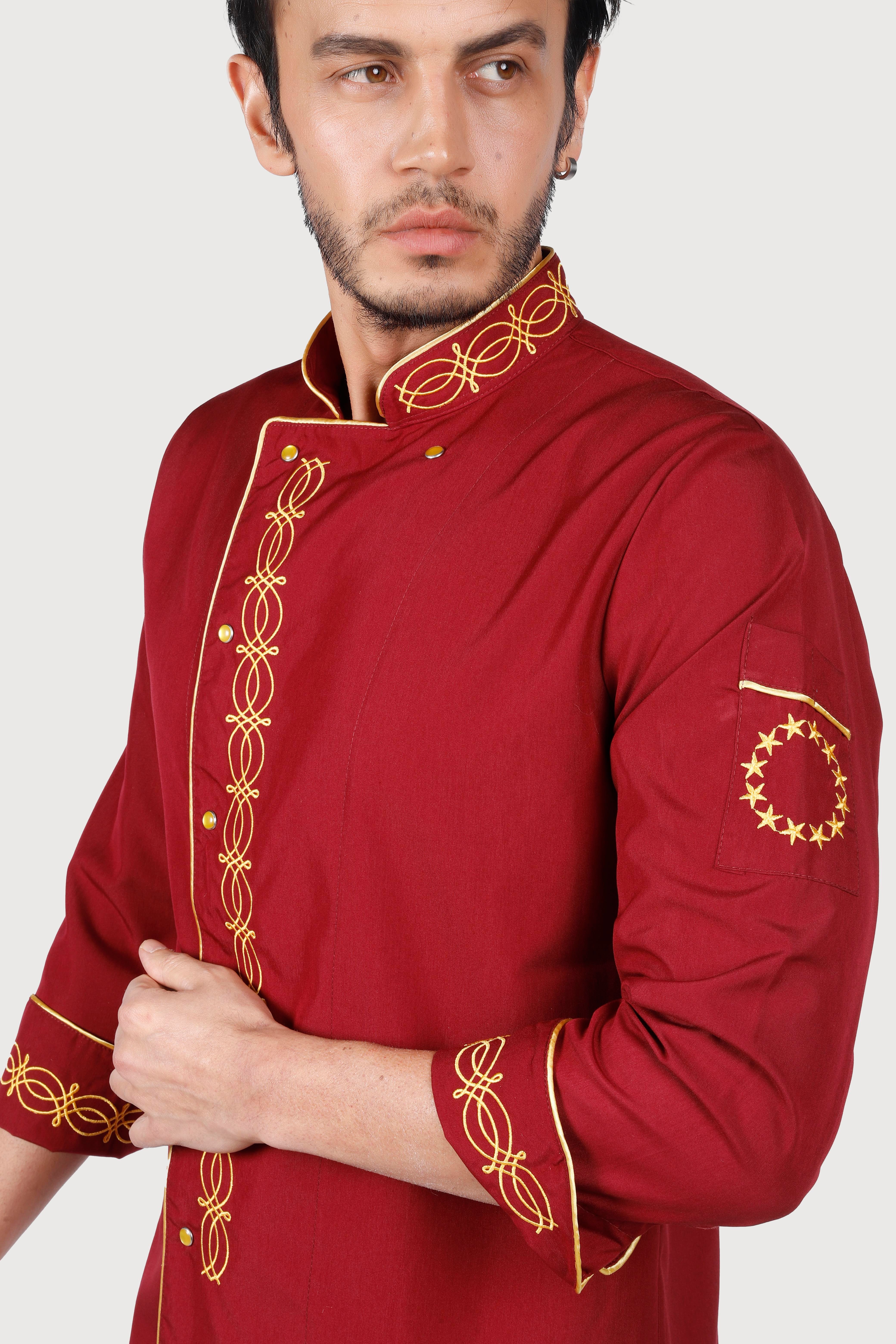 Hasır Desen  Bordo Gold Nakışlı Chef Ceket