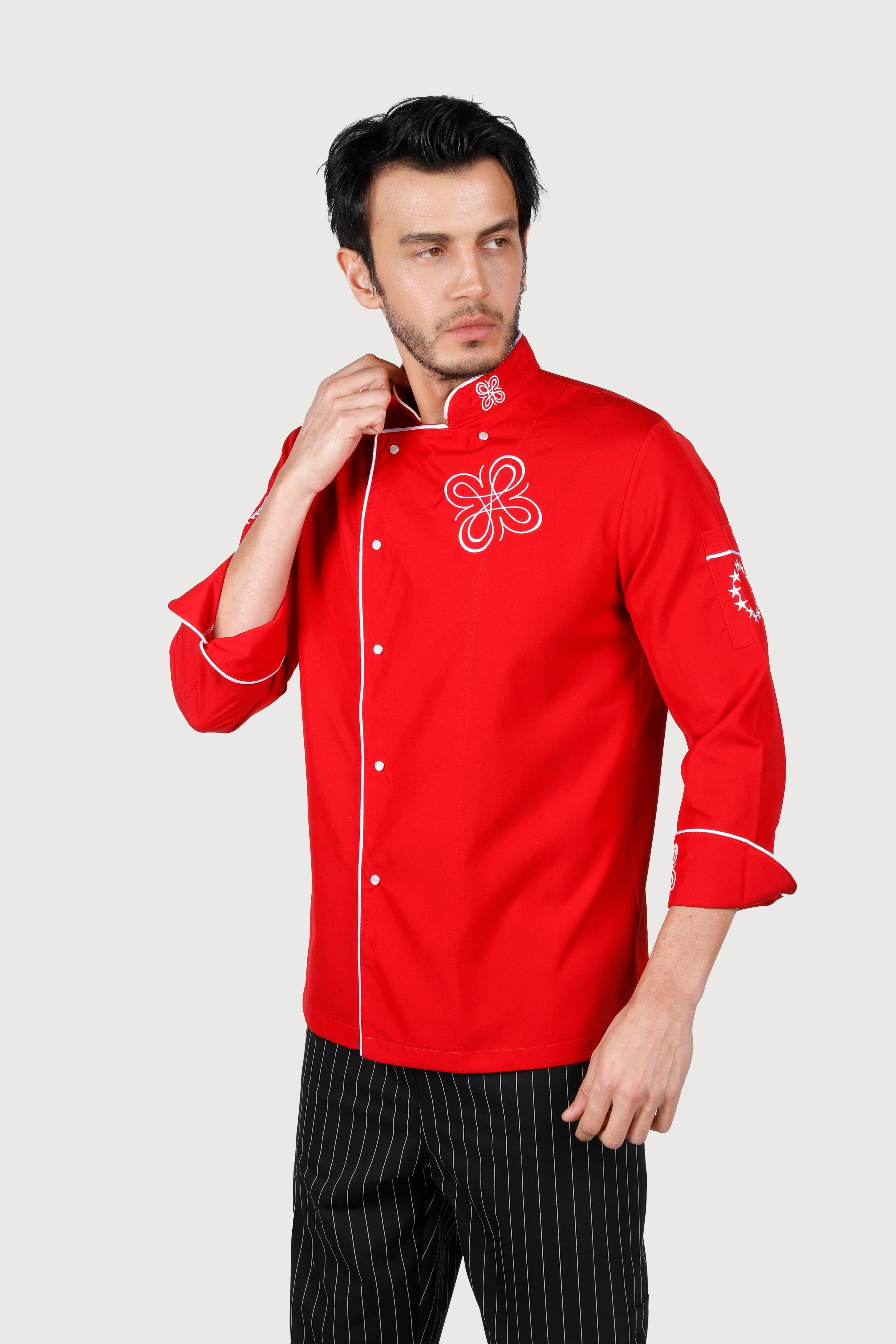 Klimalı Kırmızı Beyaz Biye Nakış Detaylı Chef Ceket