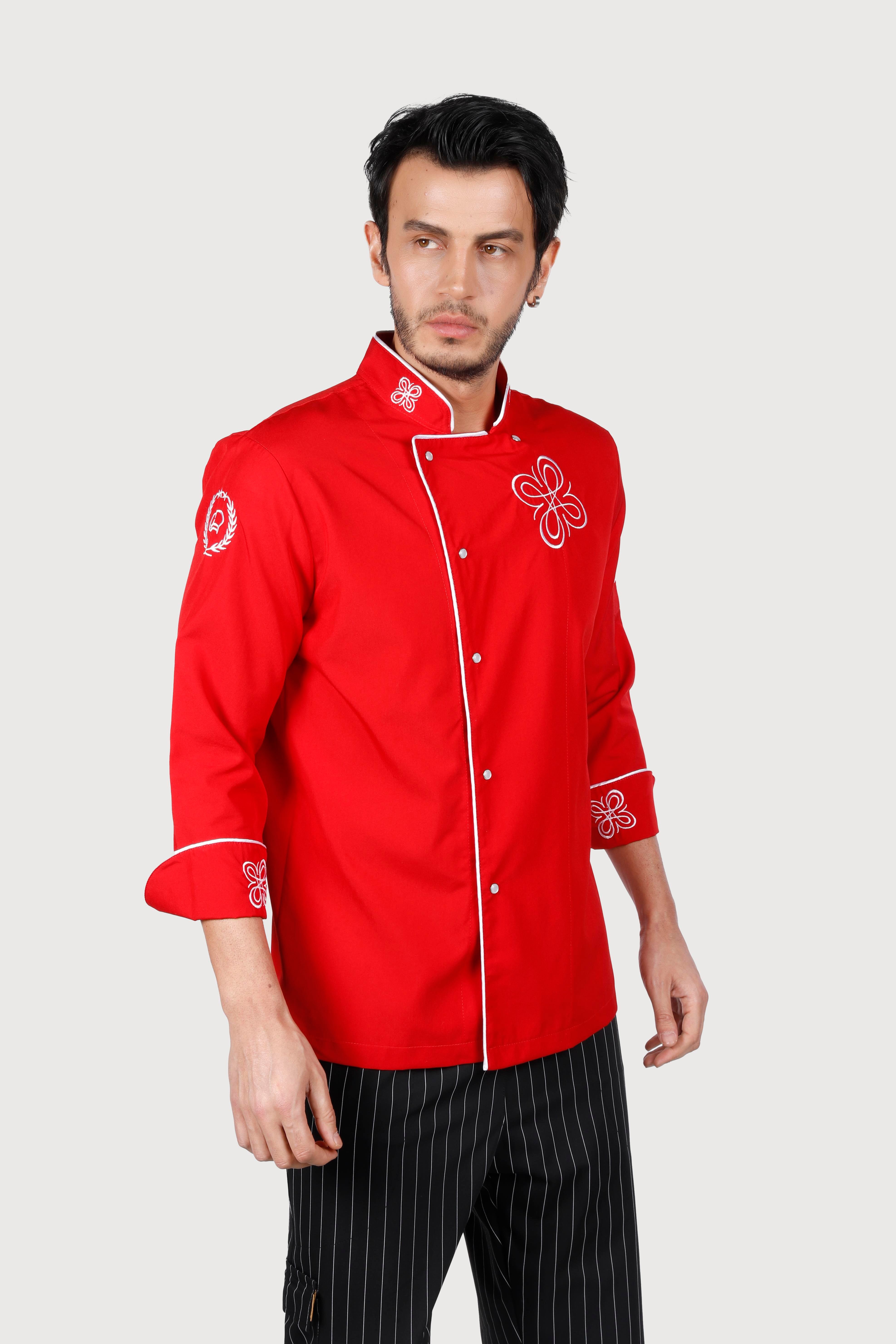 Klimalı Kırmızı Beyaz Biye Nakış Detaylı Chef Ceket