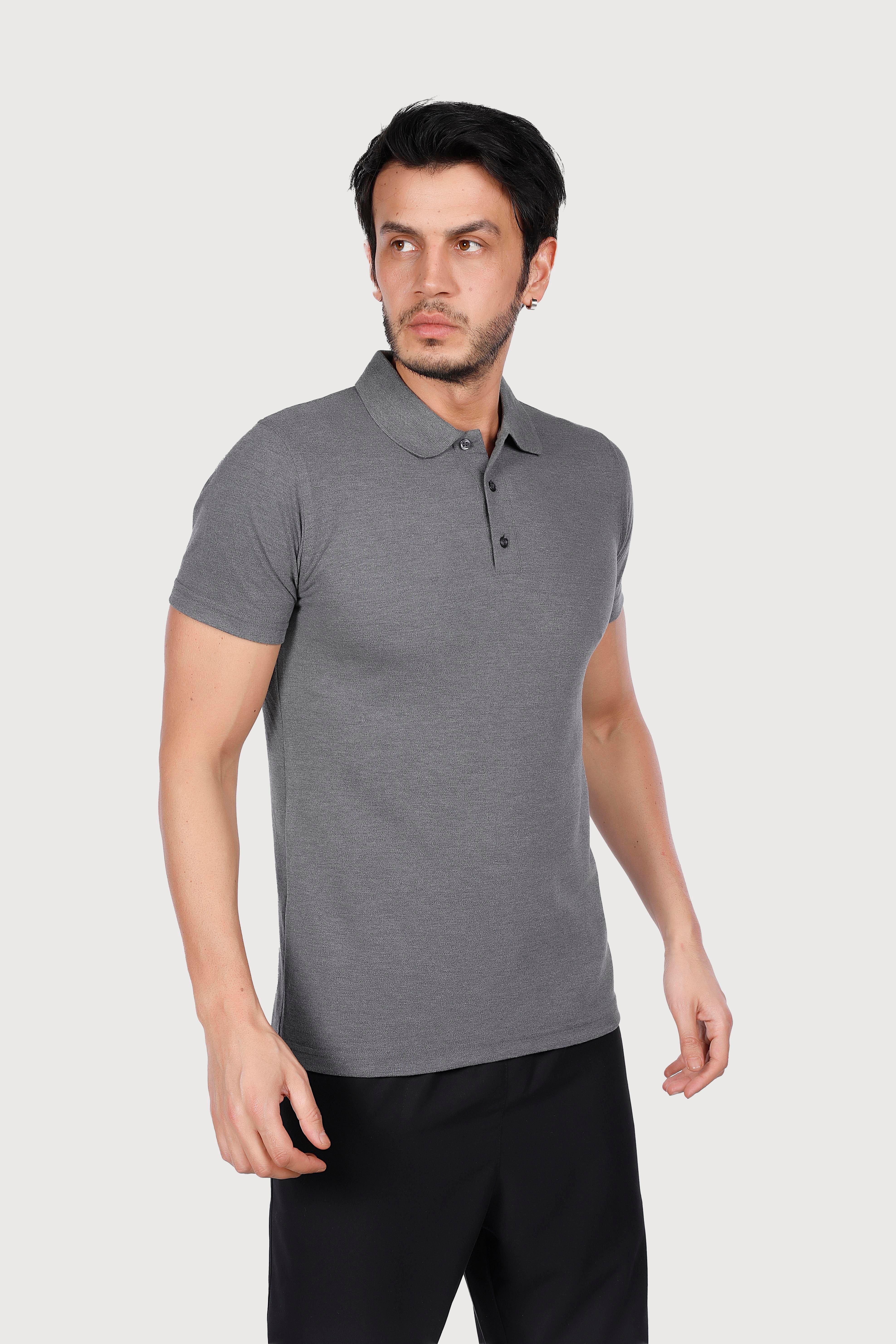 Koyu Gri Melaj Polo Yaka Penye Tişört