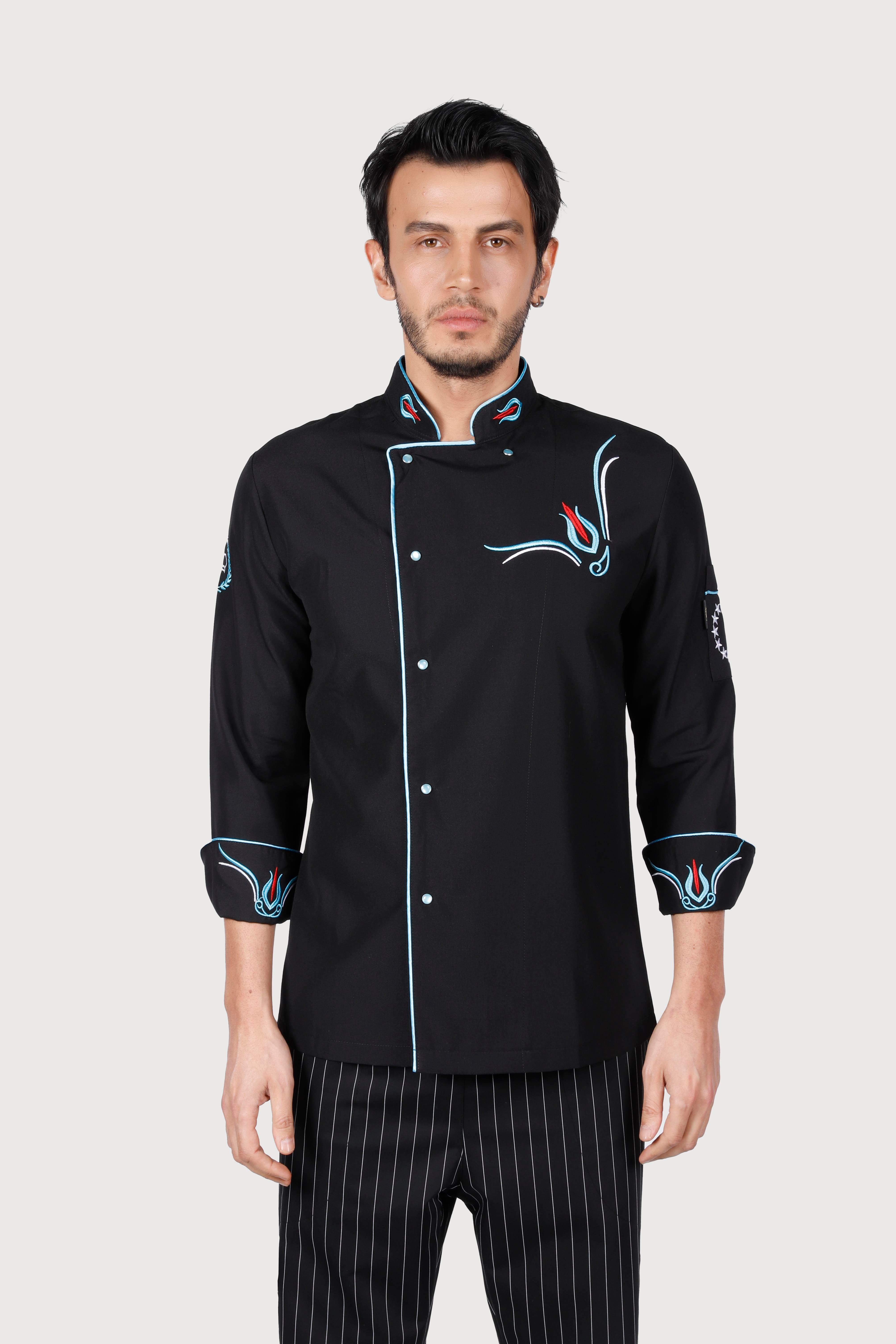 Lale Desen Siyah Turkuaz Biye Chef Ceket 