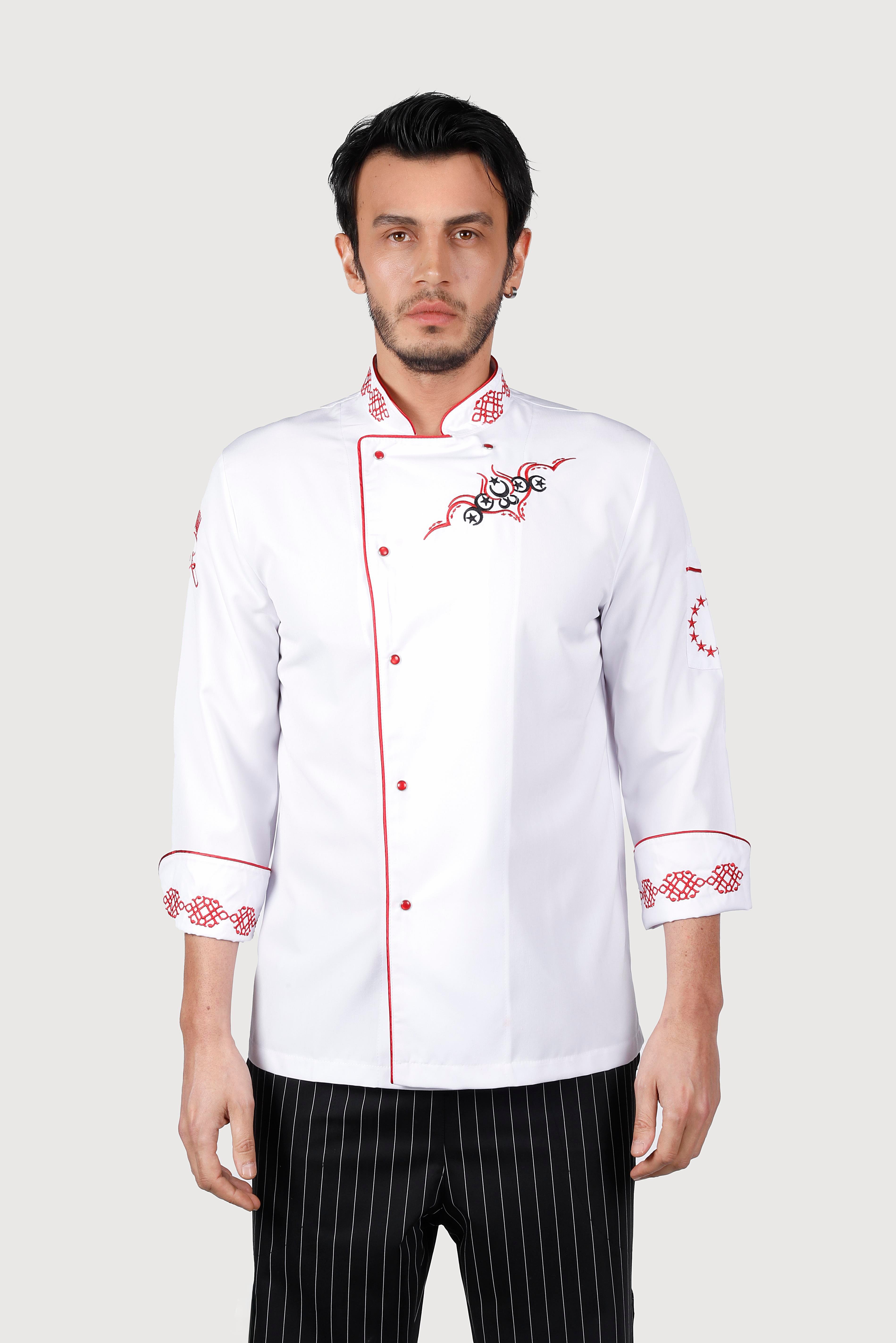 Lale Desenli Ayyıldız Beyaz Kırmızı Biye Chef Ceket