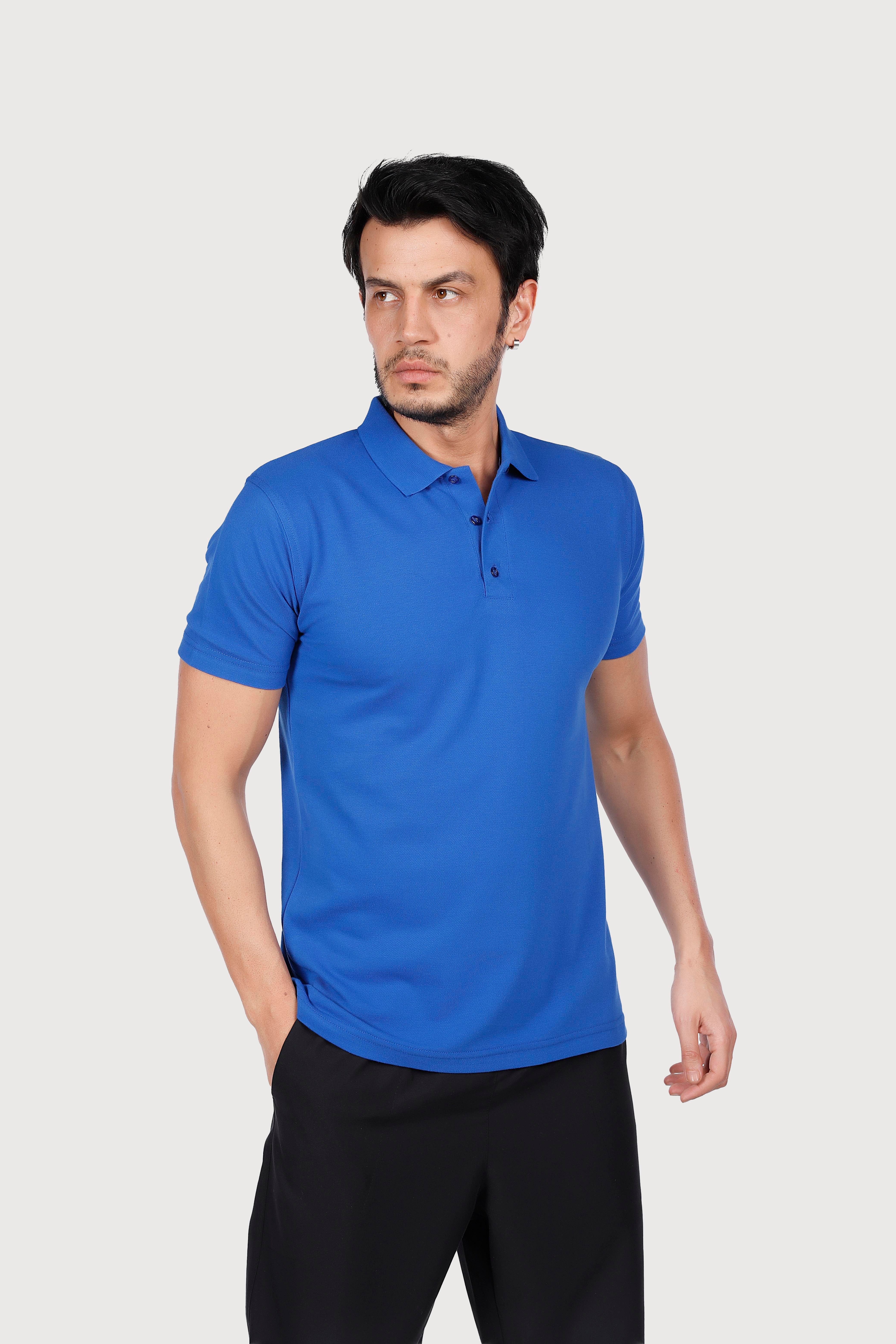 Saks Mavi Polo Yaka Penye Tişört
