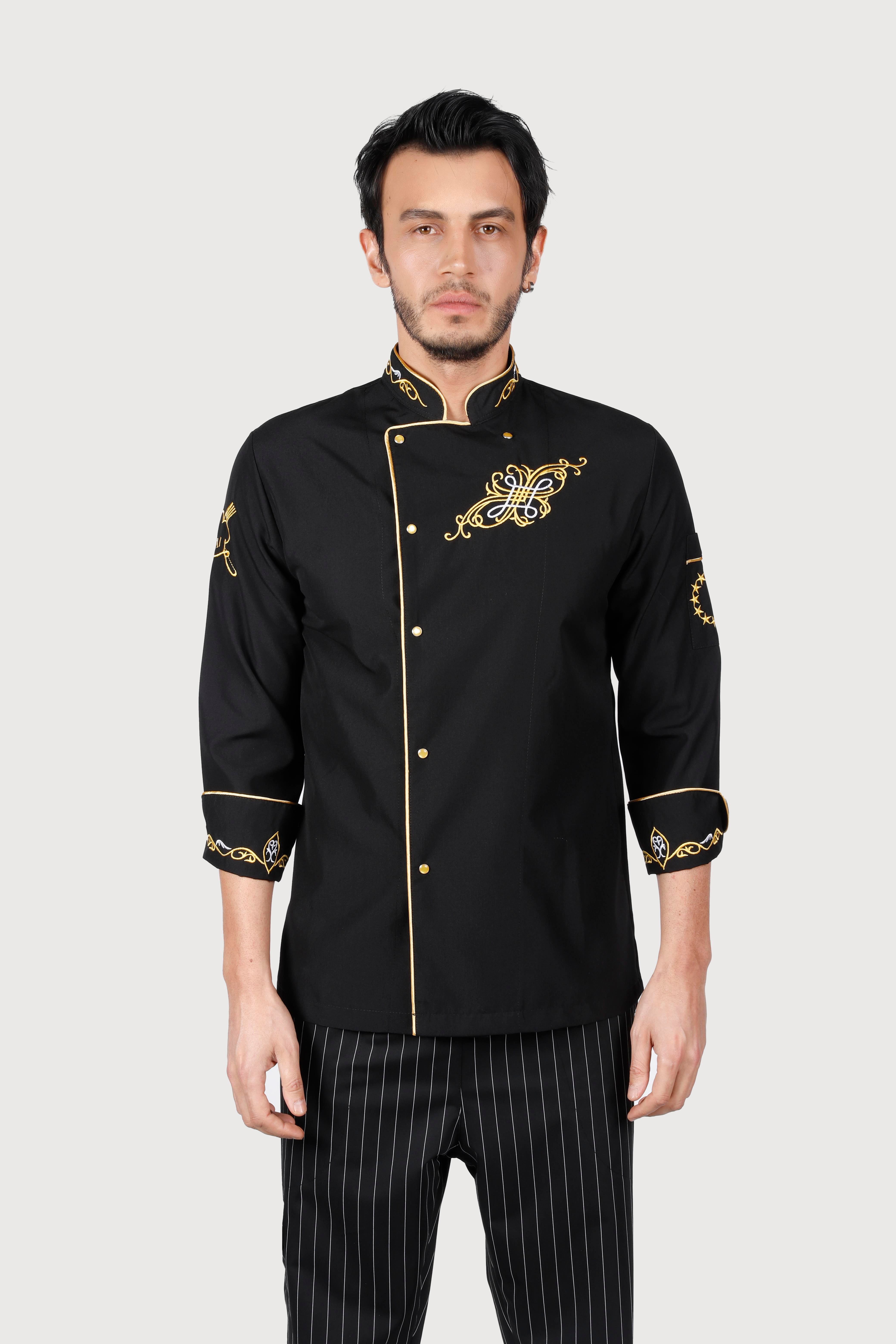 Siyah Gold Biyeli Sarı Motifli Chef Ceket