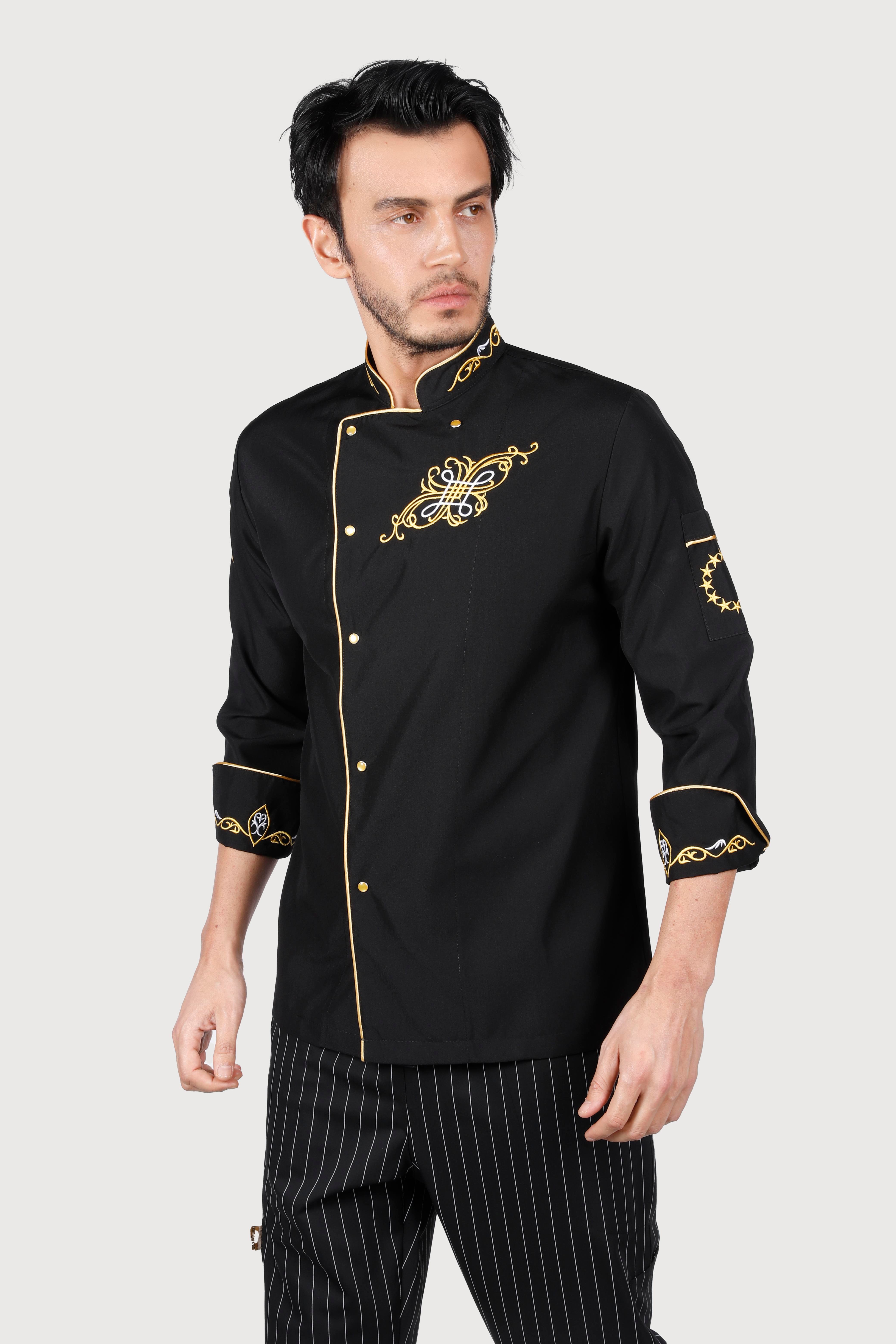 Siyah Gold Biyeli Sarı Motifli Chef Ceket
