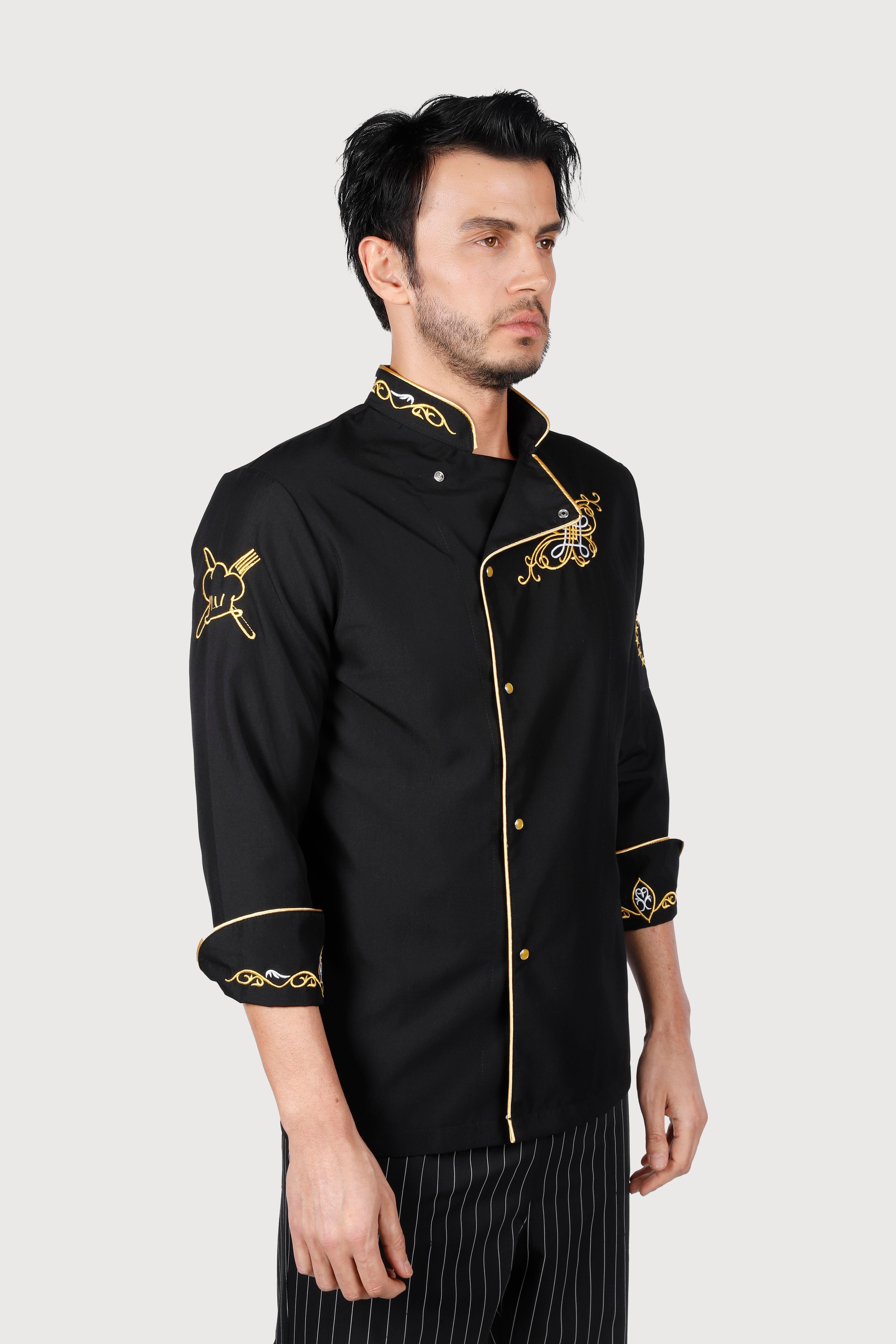 Siyah Gold Biyeli Sarı Motifli Chef Ceket
