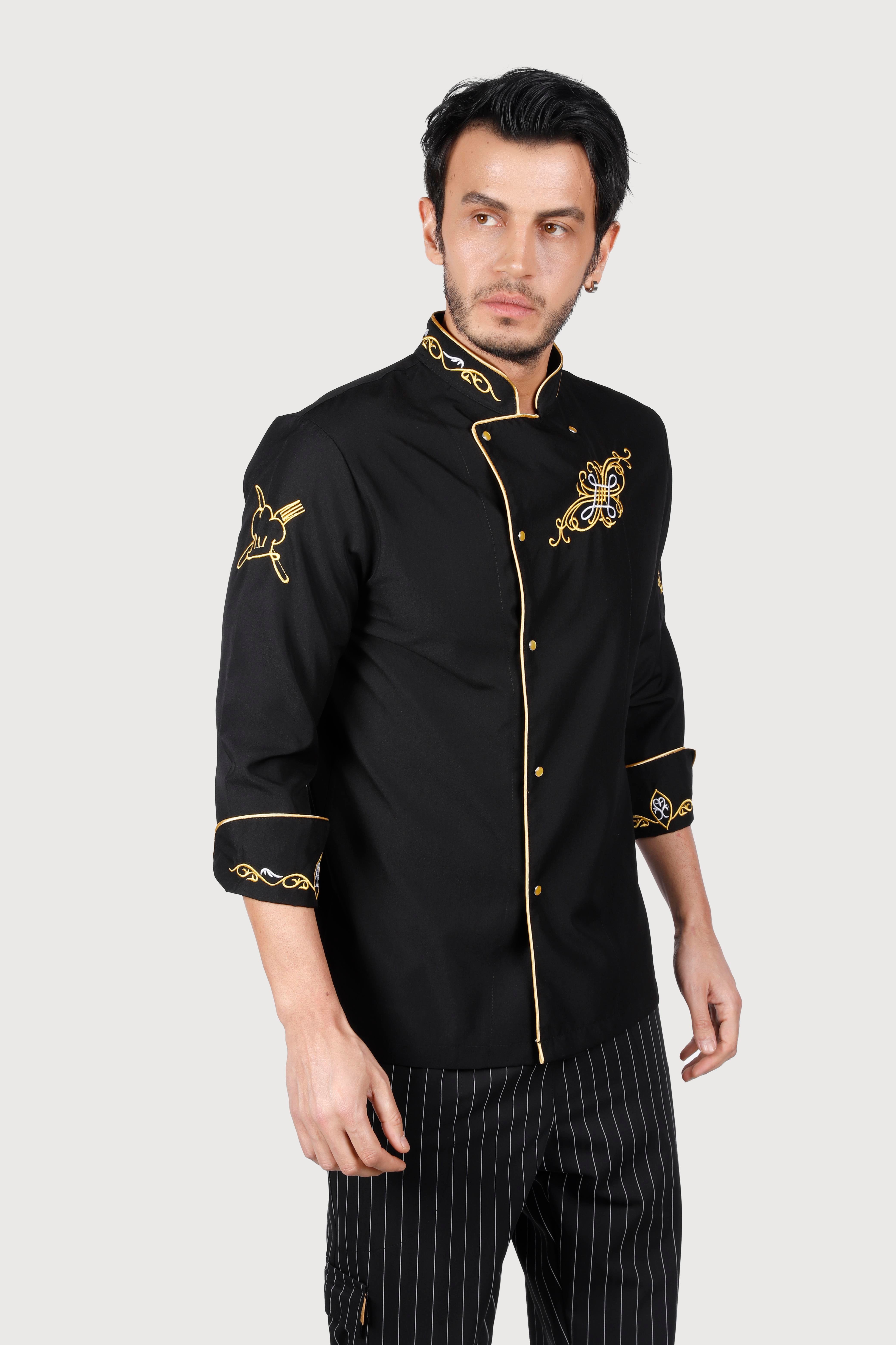Siyah Gold Biyeli Sarı Motifli Chef Ceket
