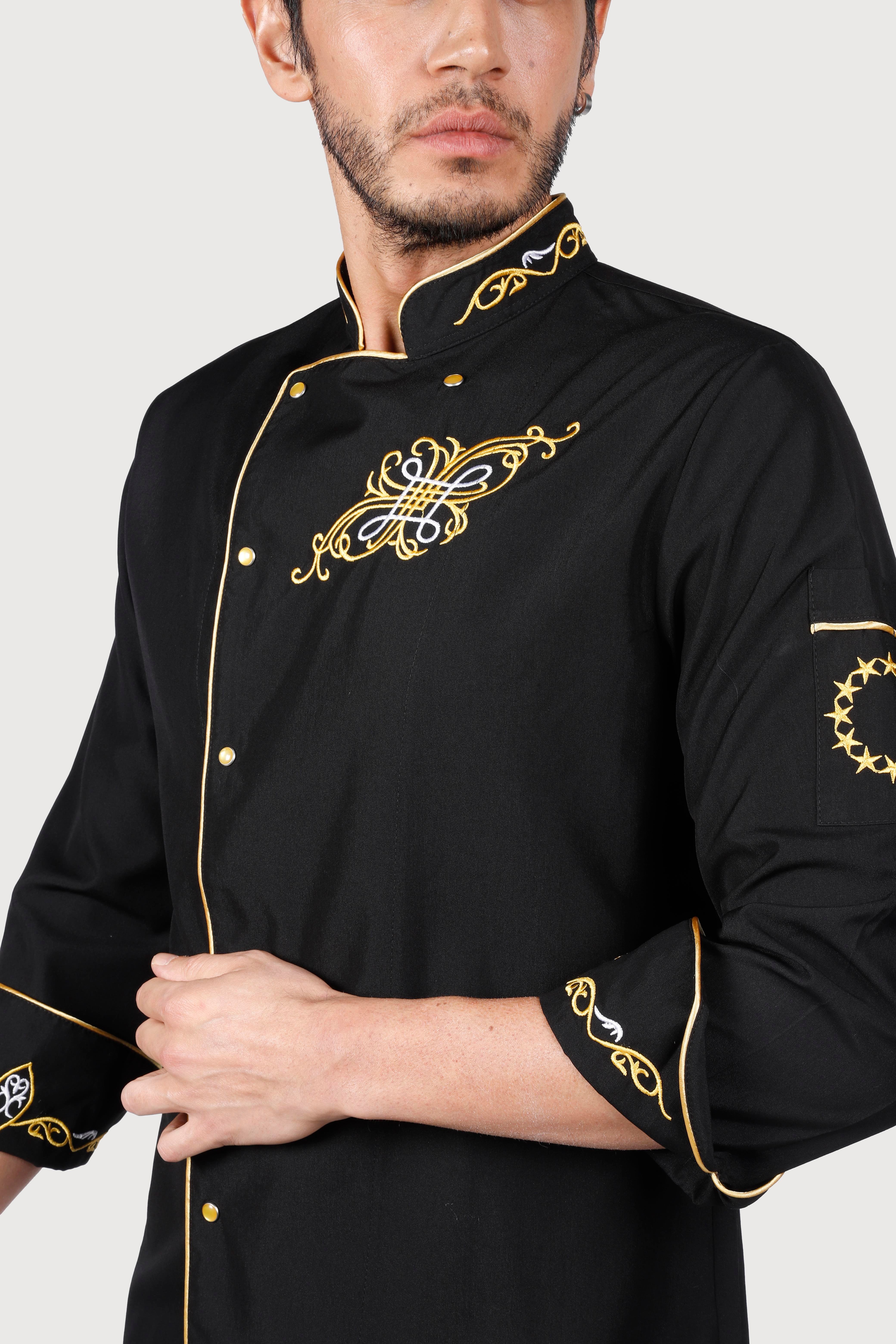 Siyah Gold Biyeli Sarı Motifli Chef Ceket