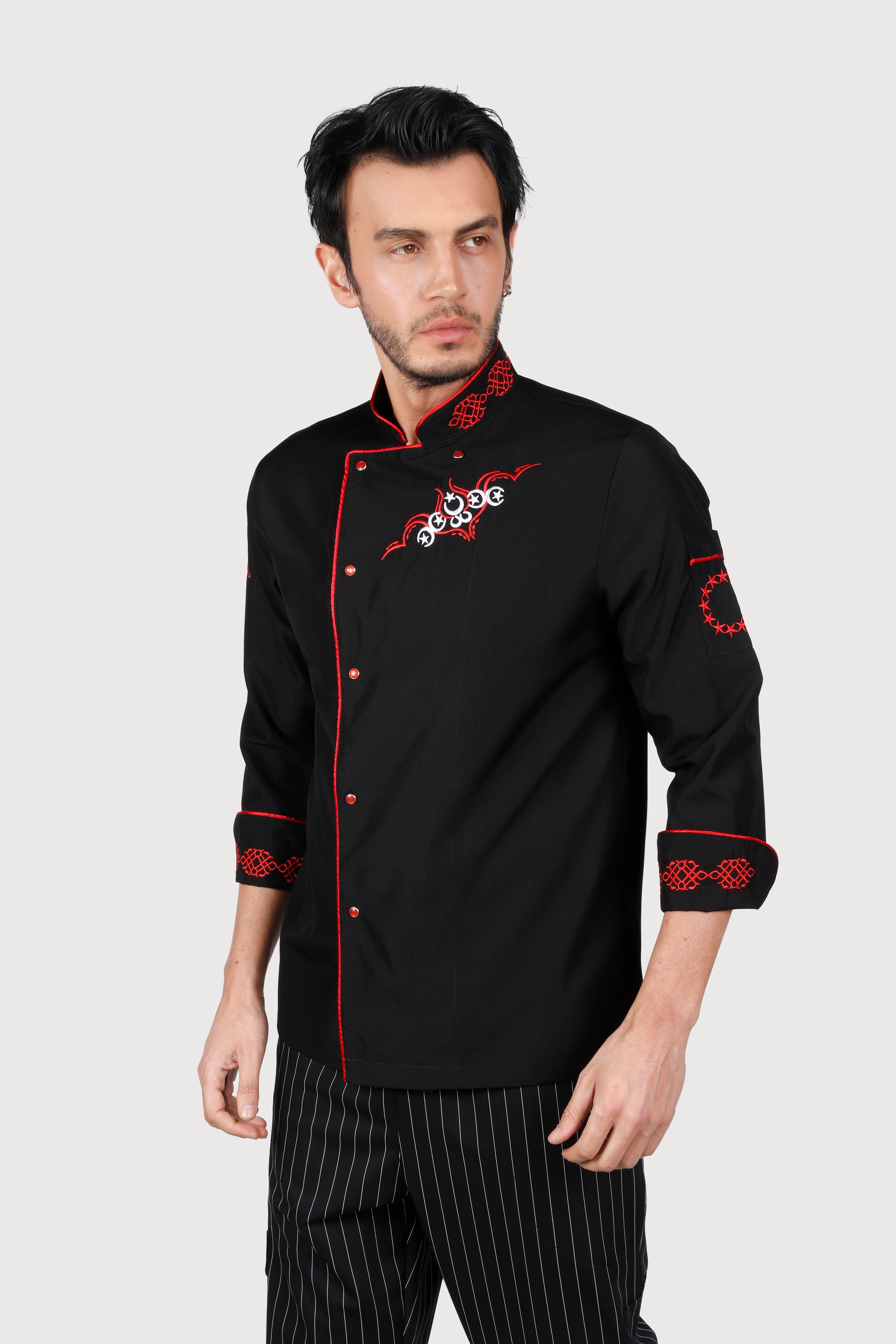 Siyah Kırmızı Biyeli Kırmızı Keçiboynuz Desenli Chef Ceket