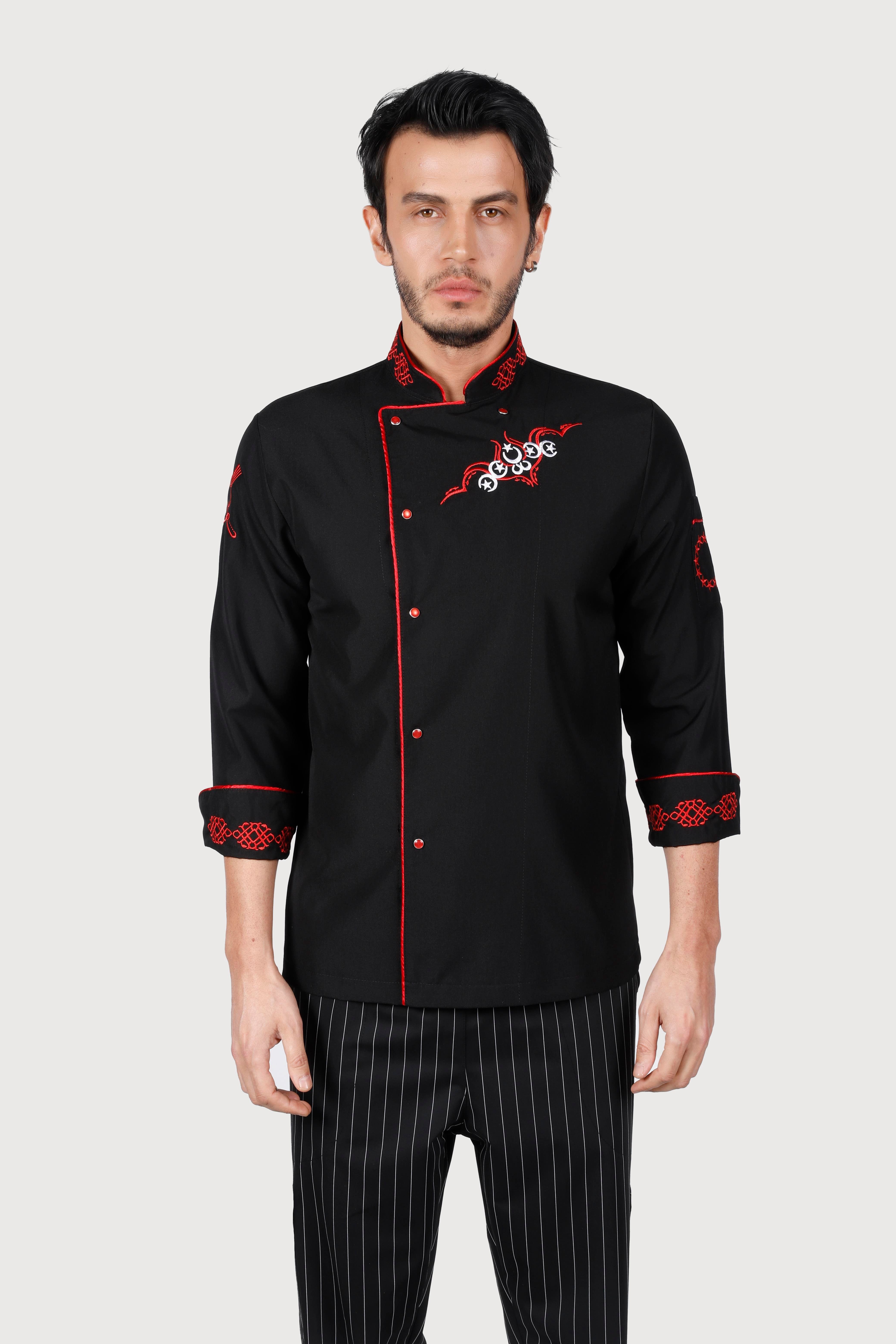 Siyah Kırmızı Biyeli Kırmızı Keçiboynuz Desenli Chef Ceket
