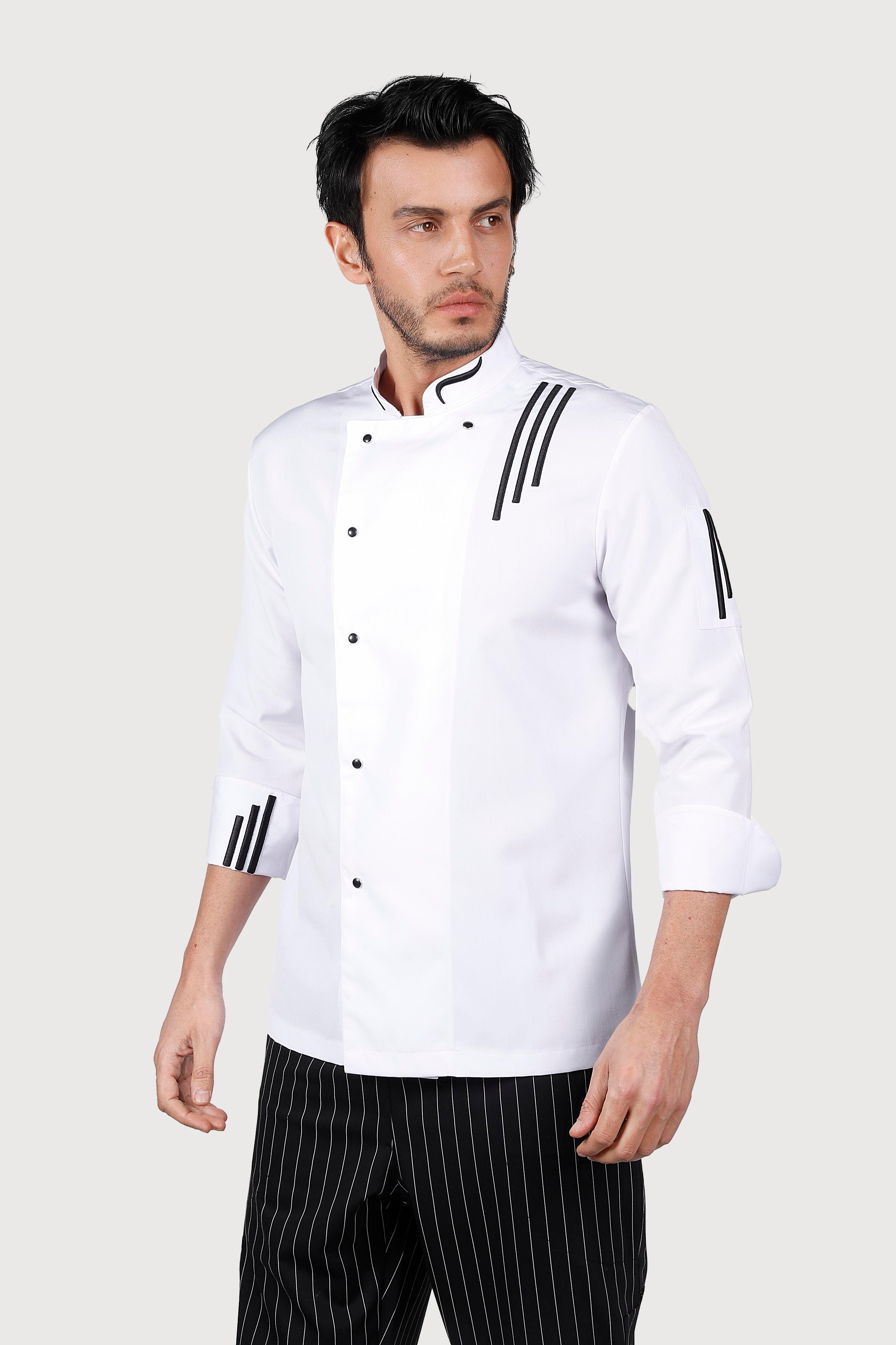 Üç Çizgili Beyaz Siyah Nakış Chef Ceket