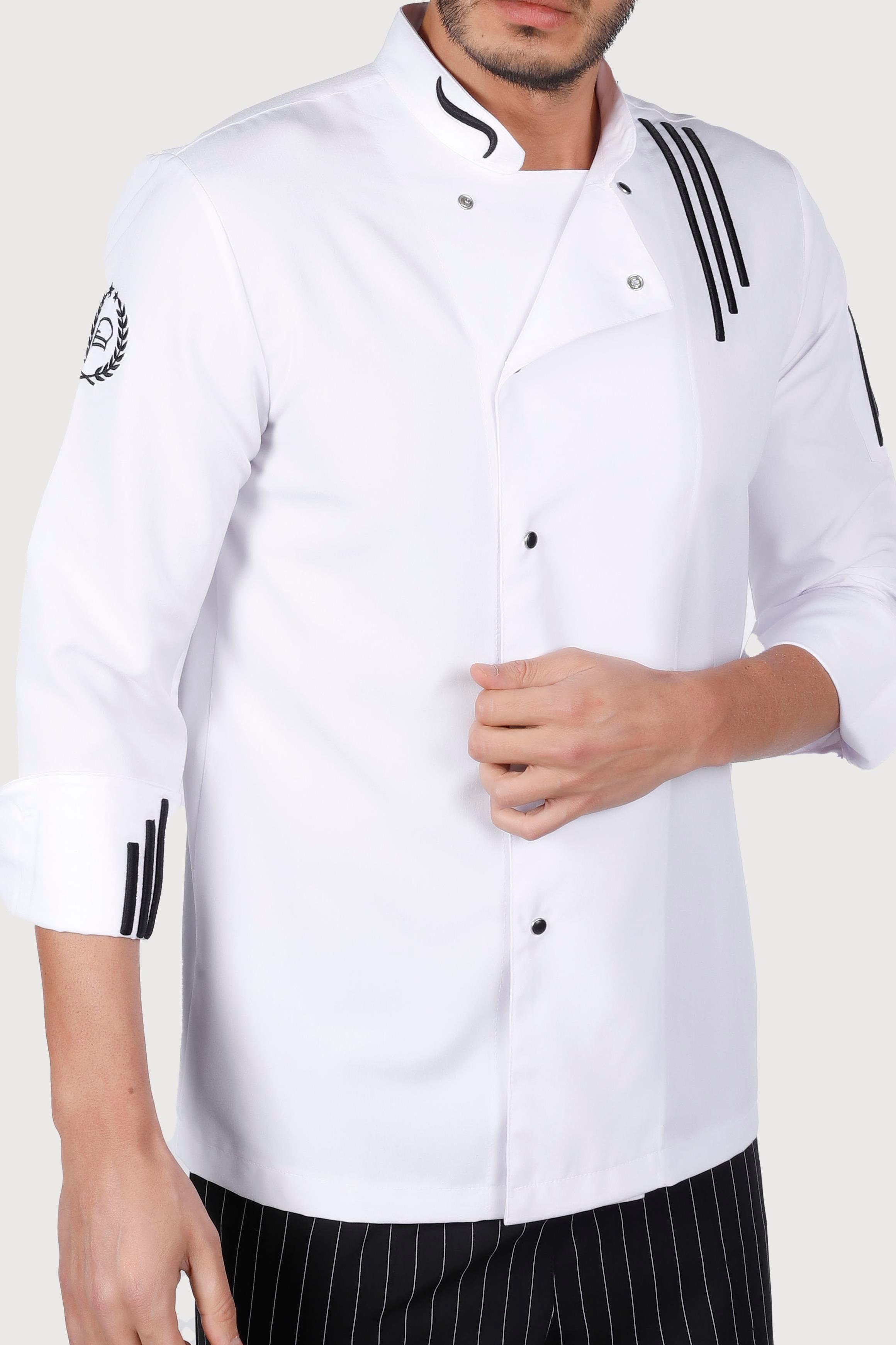 Üç Çizgili Beyaz Siyah Nakış Chef Ceket