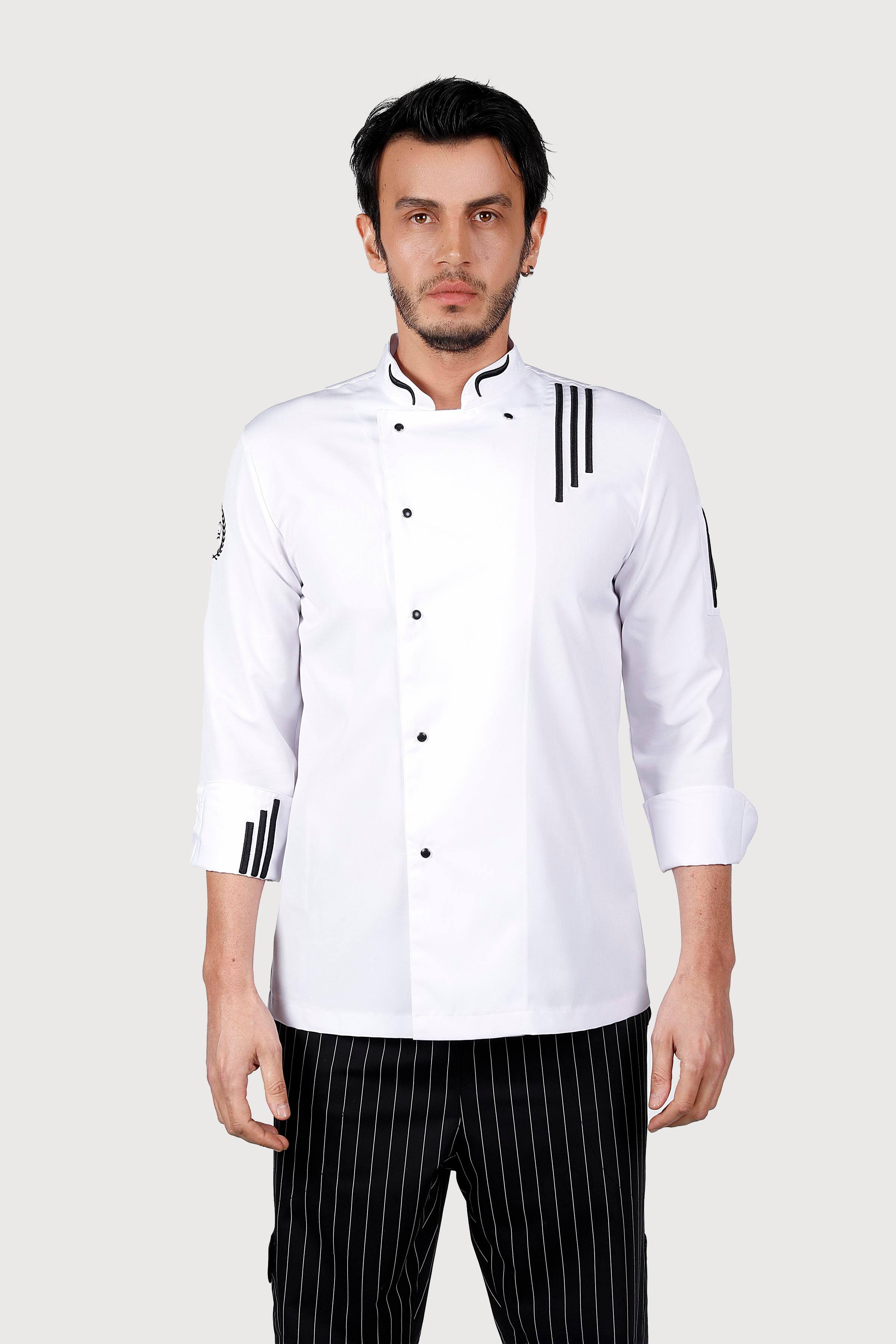 Üç Çizgili Beyaz Siyah Nakış Chef Ceket