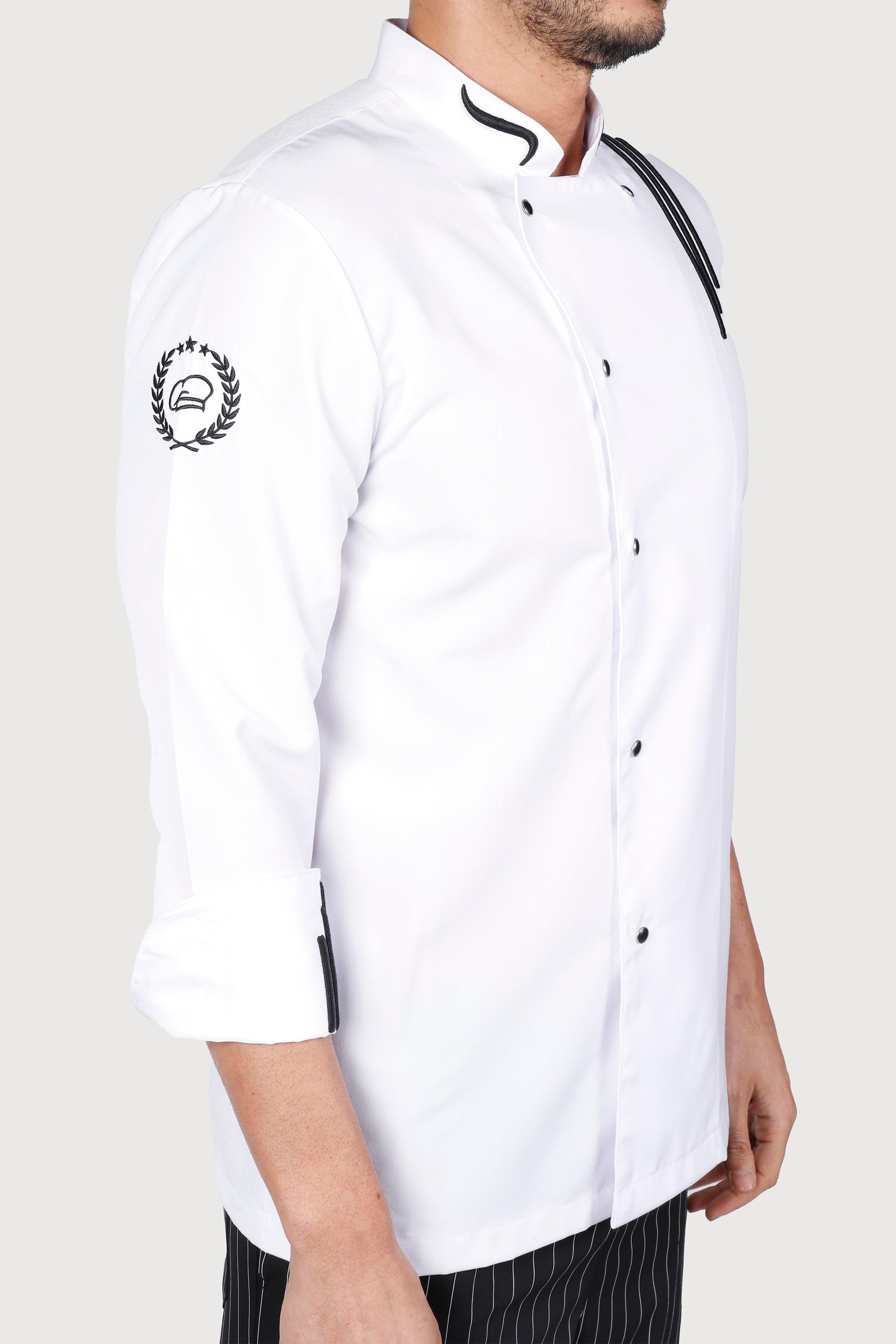 Üç Çizgili Beyaz Siyah Nakış Chef Ceket