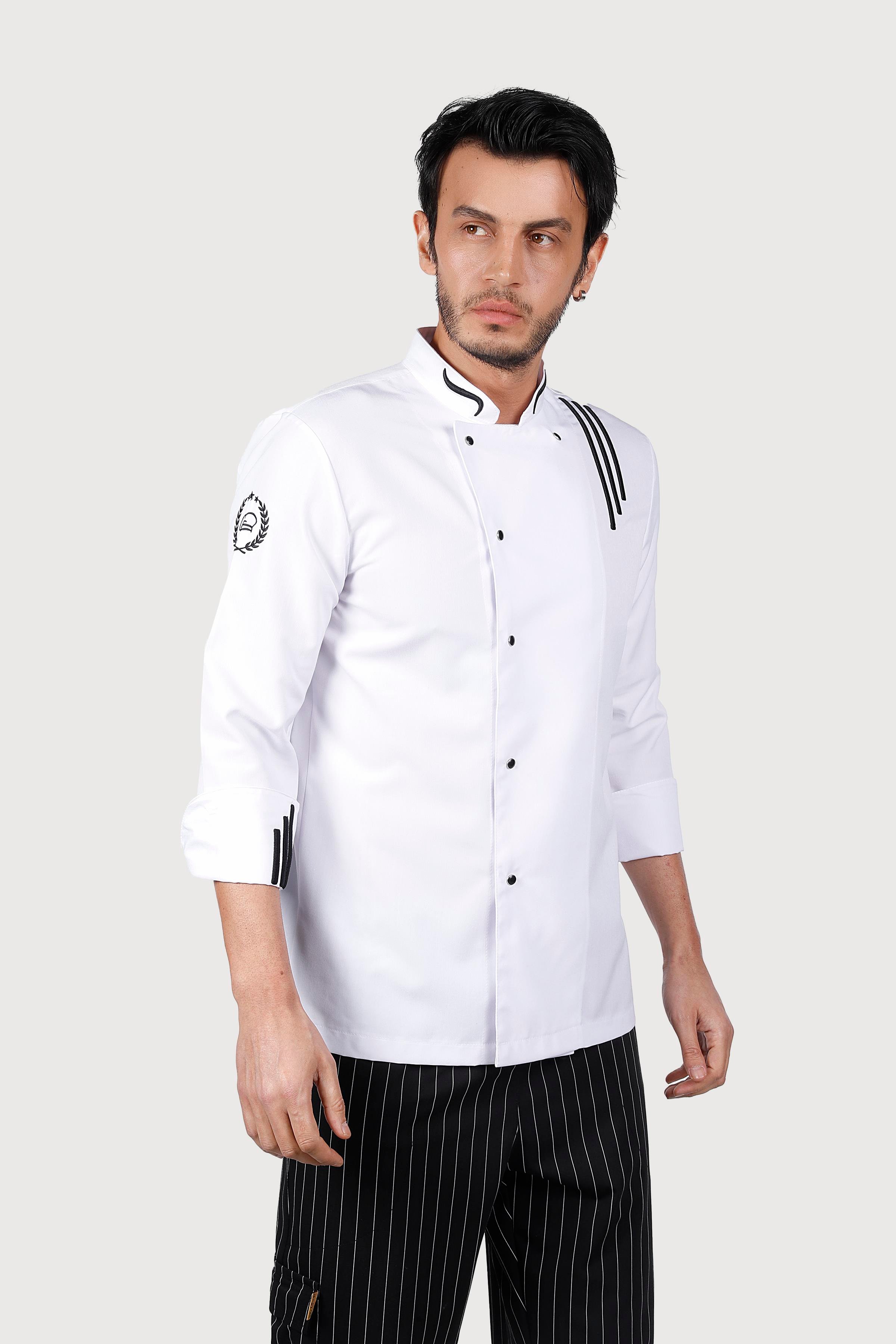 Üç Çizgili Beyaz Siyah Nakış Chef Ceket