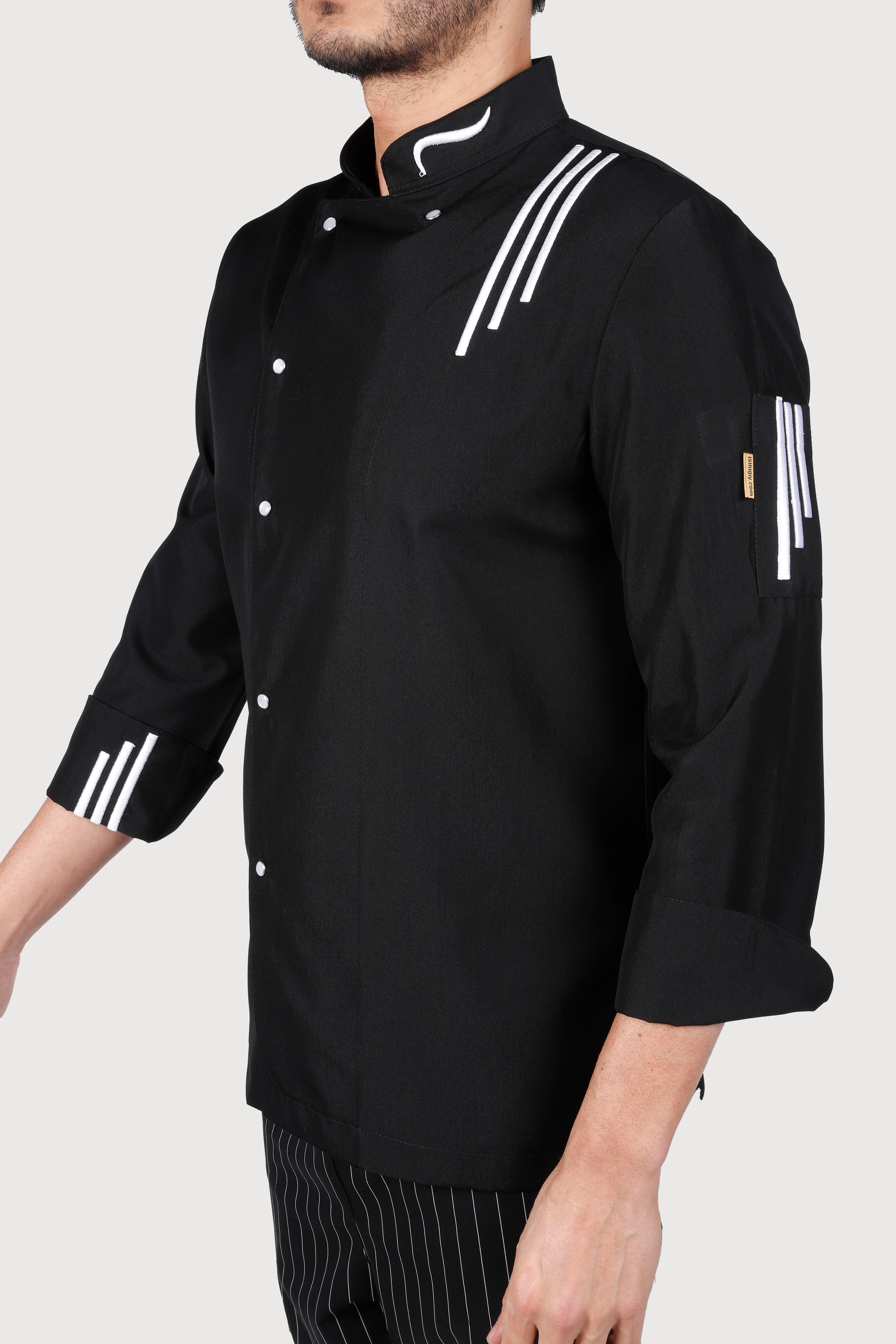 Üç Çizgili Siyah Beyaz Nakış Chef Ceket
