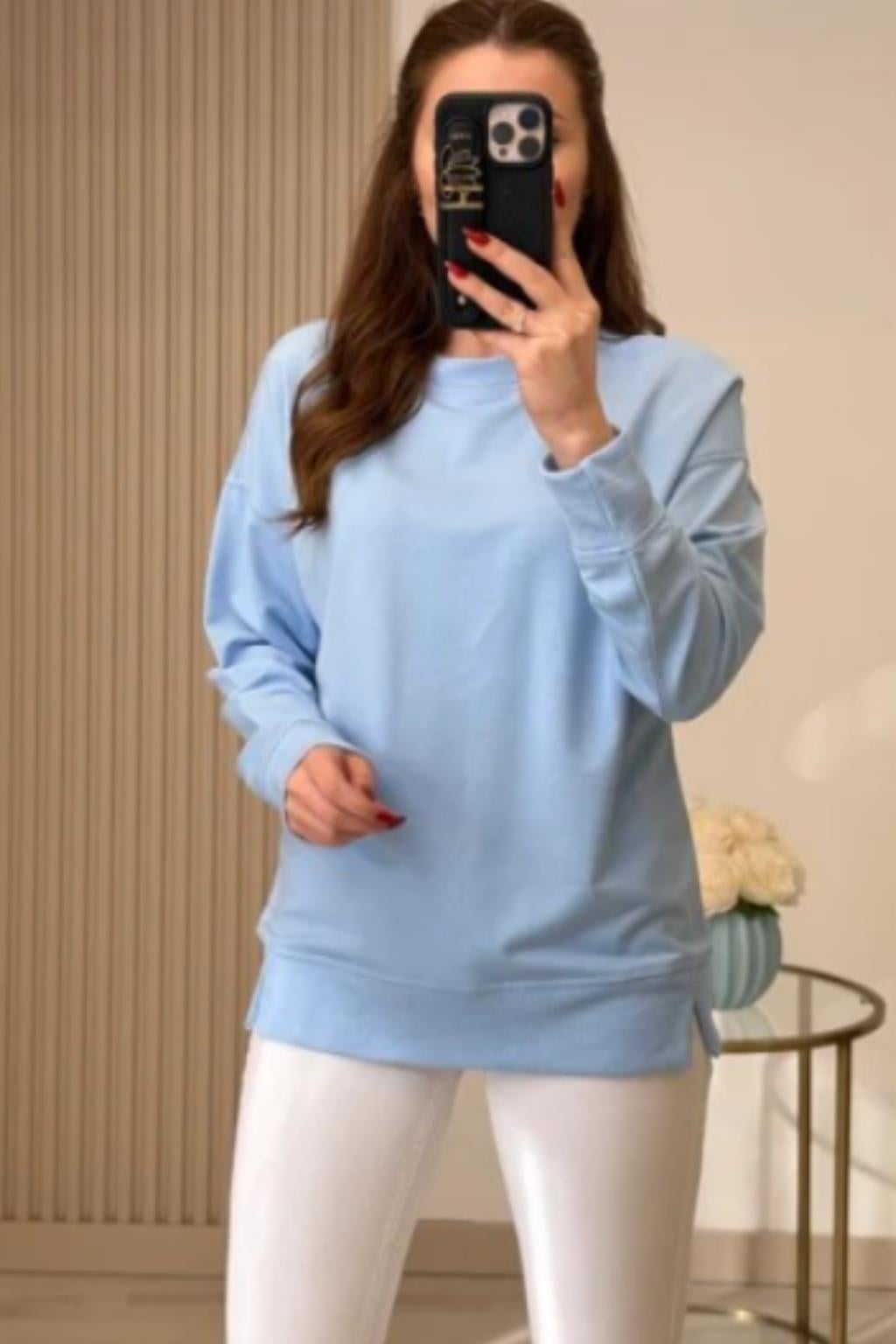 AÇIK MAVİ DÜŞÜK OMUZ UZUN KOL BASIC SWEATSHIRT